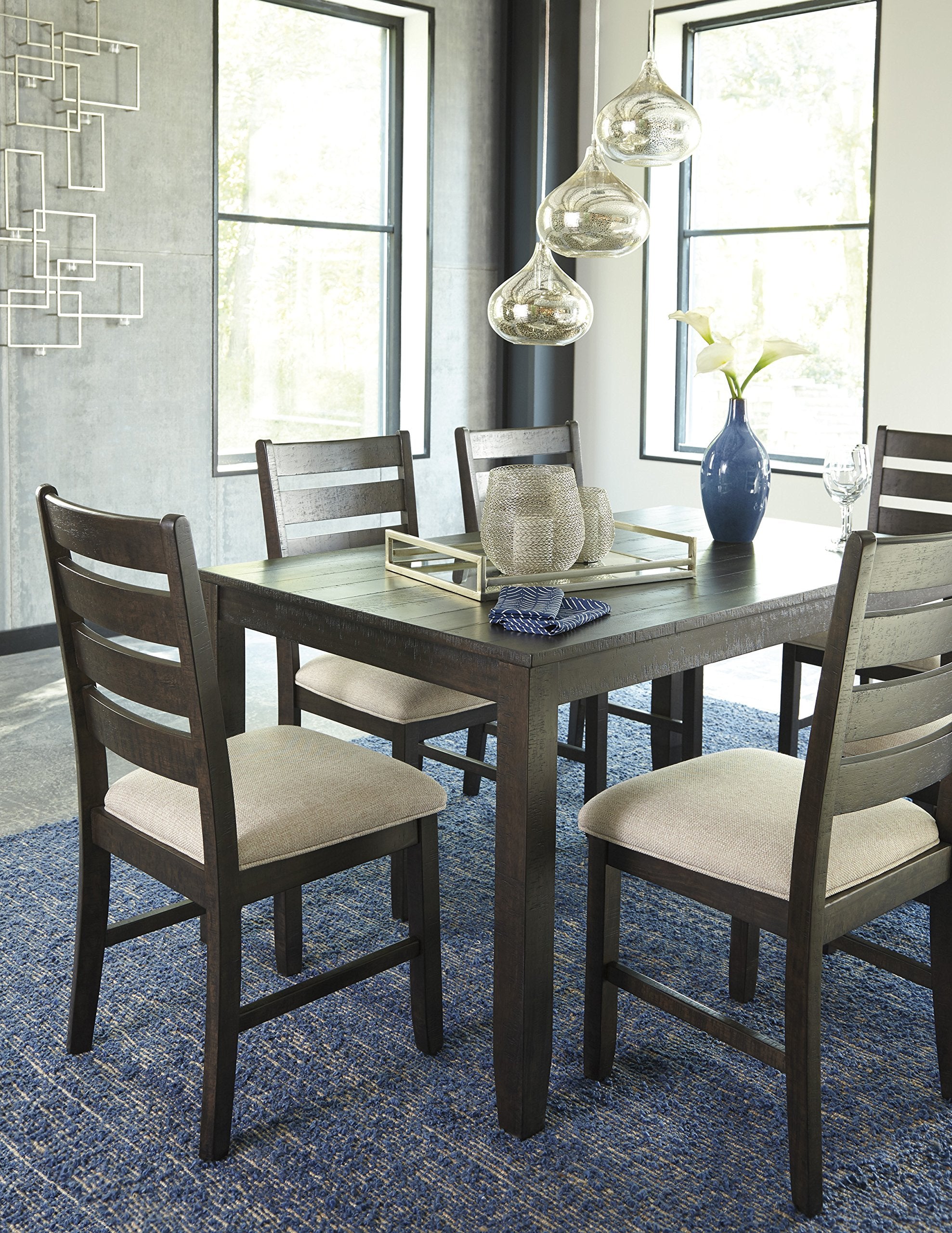 Signature Design by Ashley Rokane 7-Piece Dining Room Table Set with 6 Upholstered Chairs - Brown Wood 20" Rectangular Table & Chair Set for Kitchen Dining Room