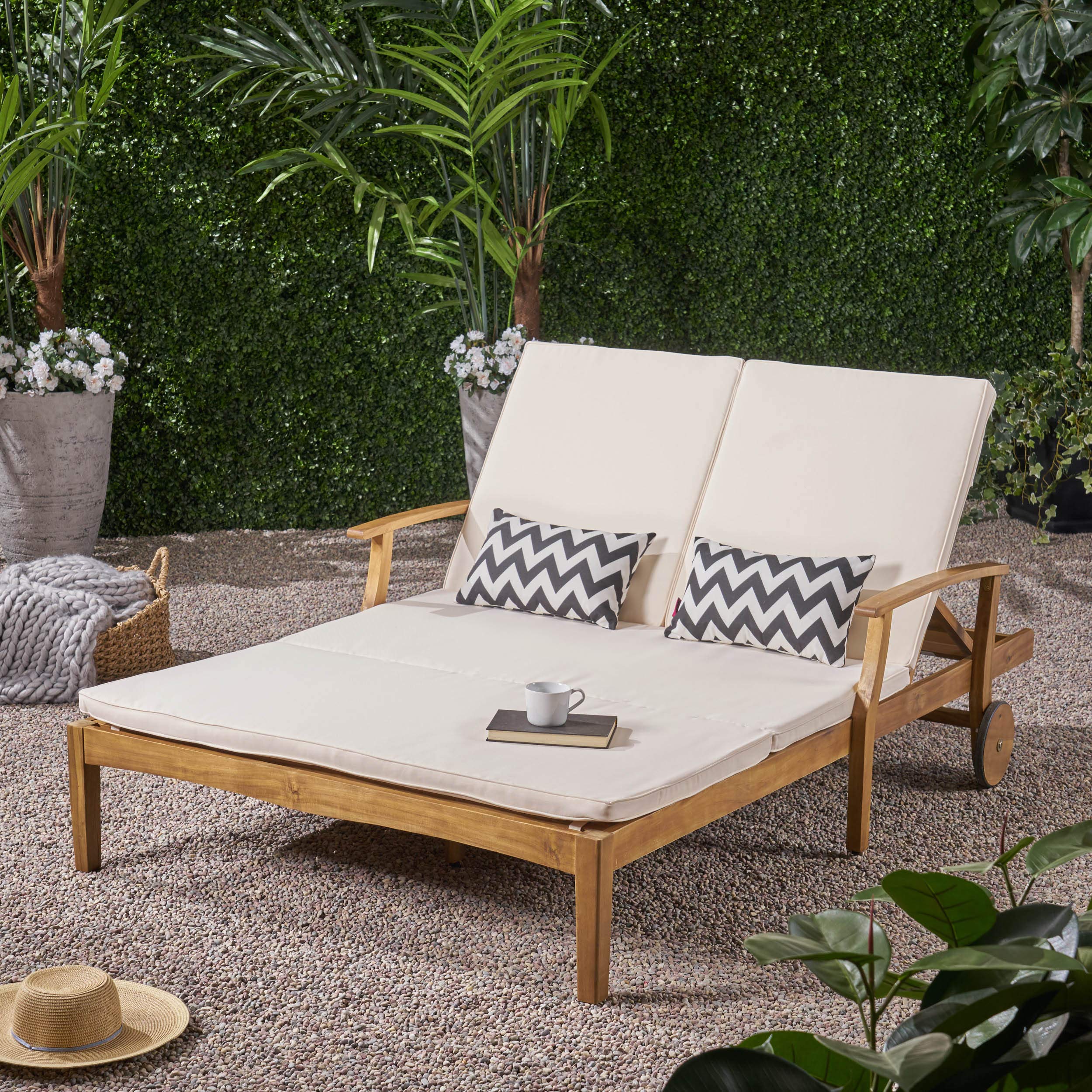Double Chaise Lounge with Acacia Wood Frame & Water-Resistant Cushions