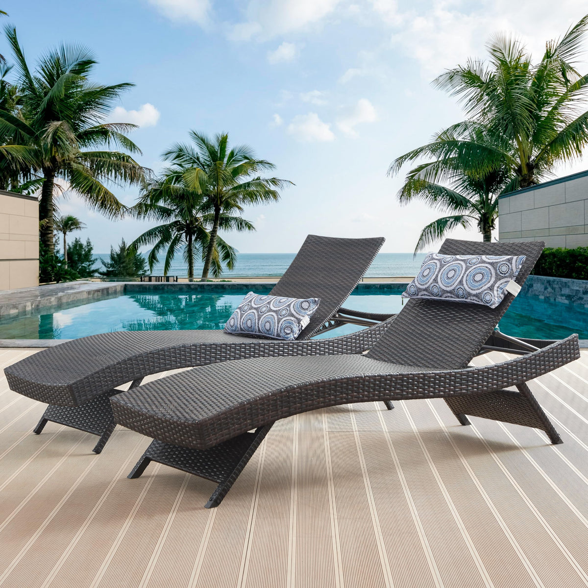 Summax 79'' Long Reclining Chair Set of 4 with Cushions, Outdoor Chaise Lounge Set, Rattan Chaise Lawn Sunbathing Chairs, PE Wicker Reclining Lounge Chair for Backyard Poolside Beach, Dark Brown