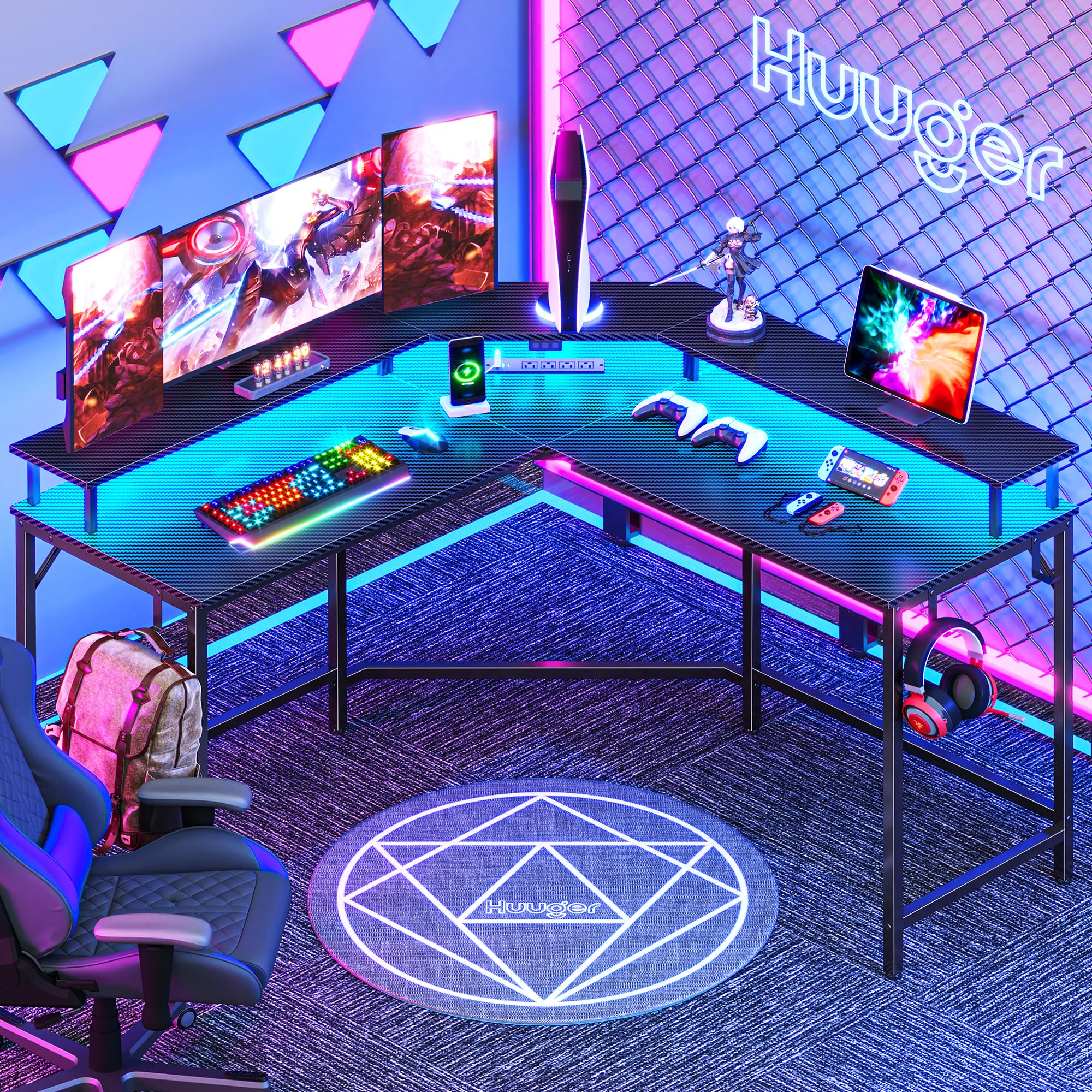 L-Shaped Gaming Desk with LED Lights & Power Outlets