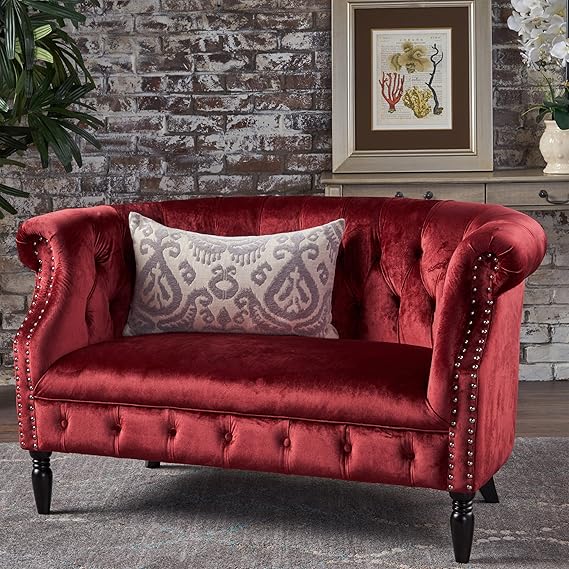 Tufted Chesterfield Velvet Loveseat with Scrolled Arms
