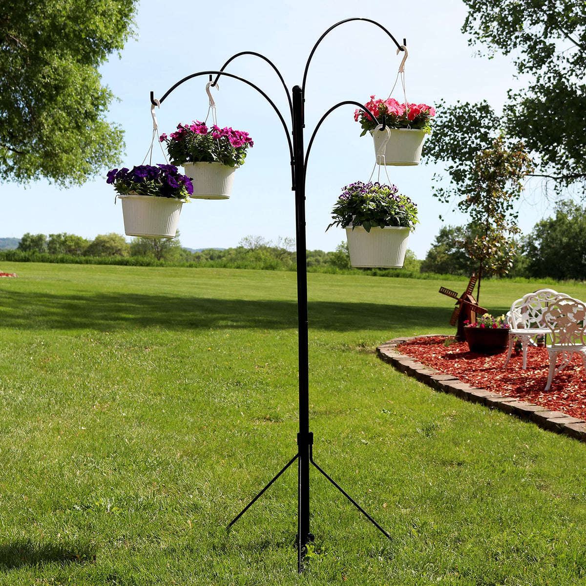 Sunnydaze 4-Arm Hanging Basket Plant Stand with Adjustable Arms - Black - 84"