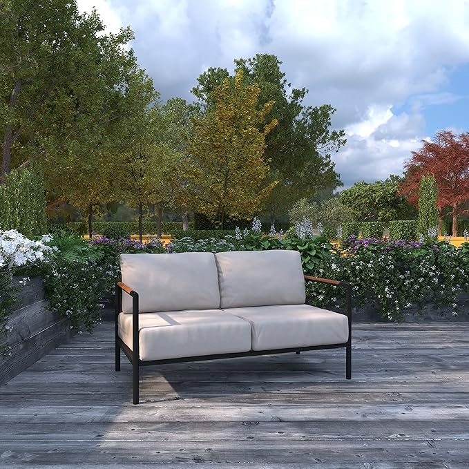 Outdoor Aluminum Loveseat with Teak Accents & All-Weather Cushions
