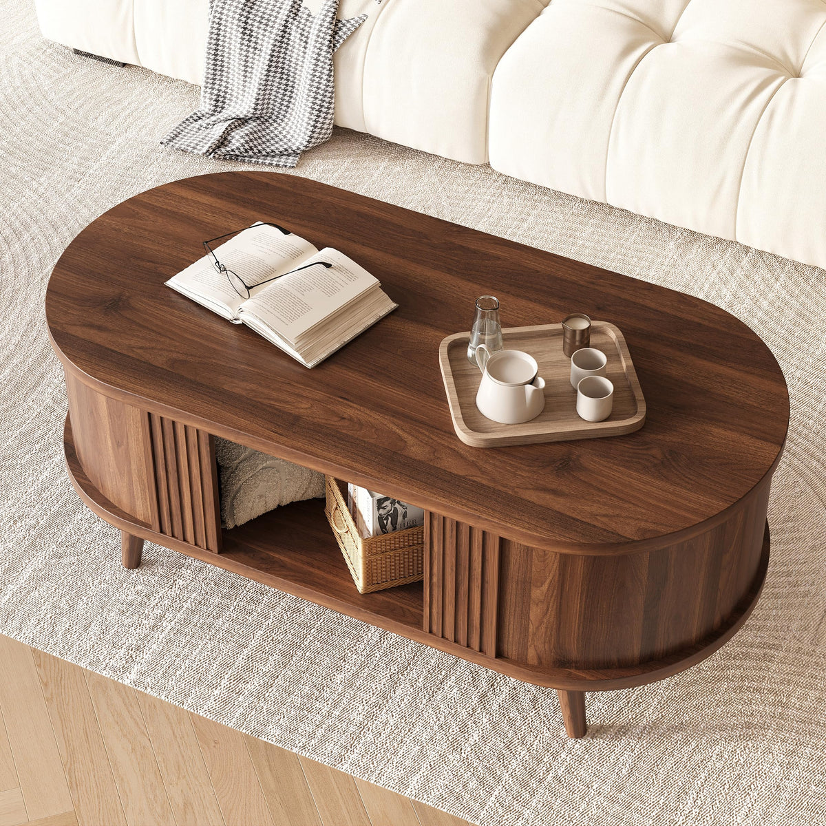 Walnut Oval Fluted Coffee Table