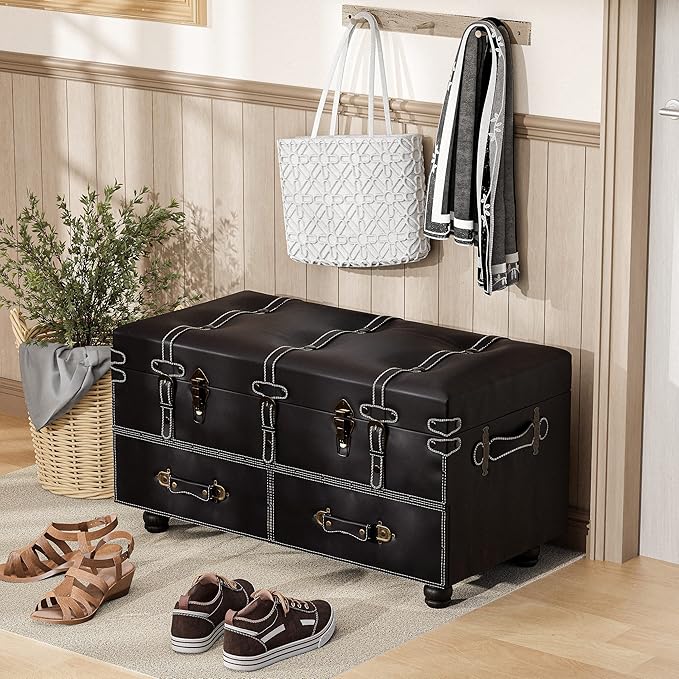 Vintage Faux Leather Storage Ottoman Bench