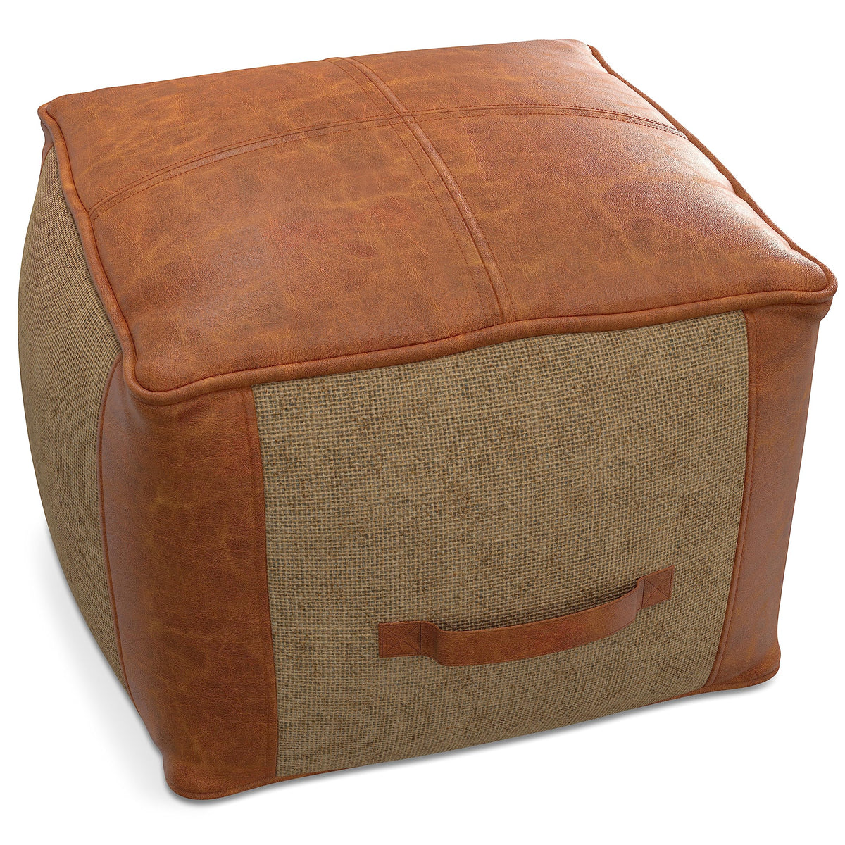 Tan Leather and Jute Pouf