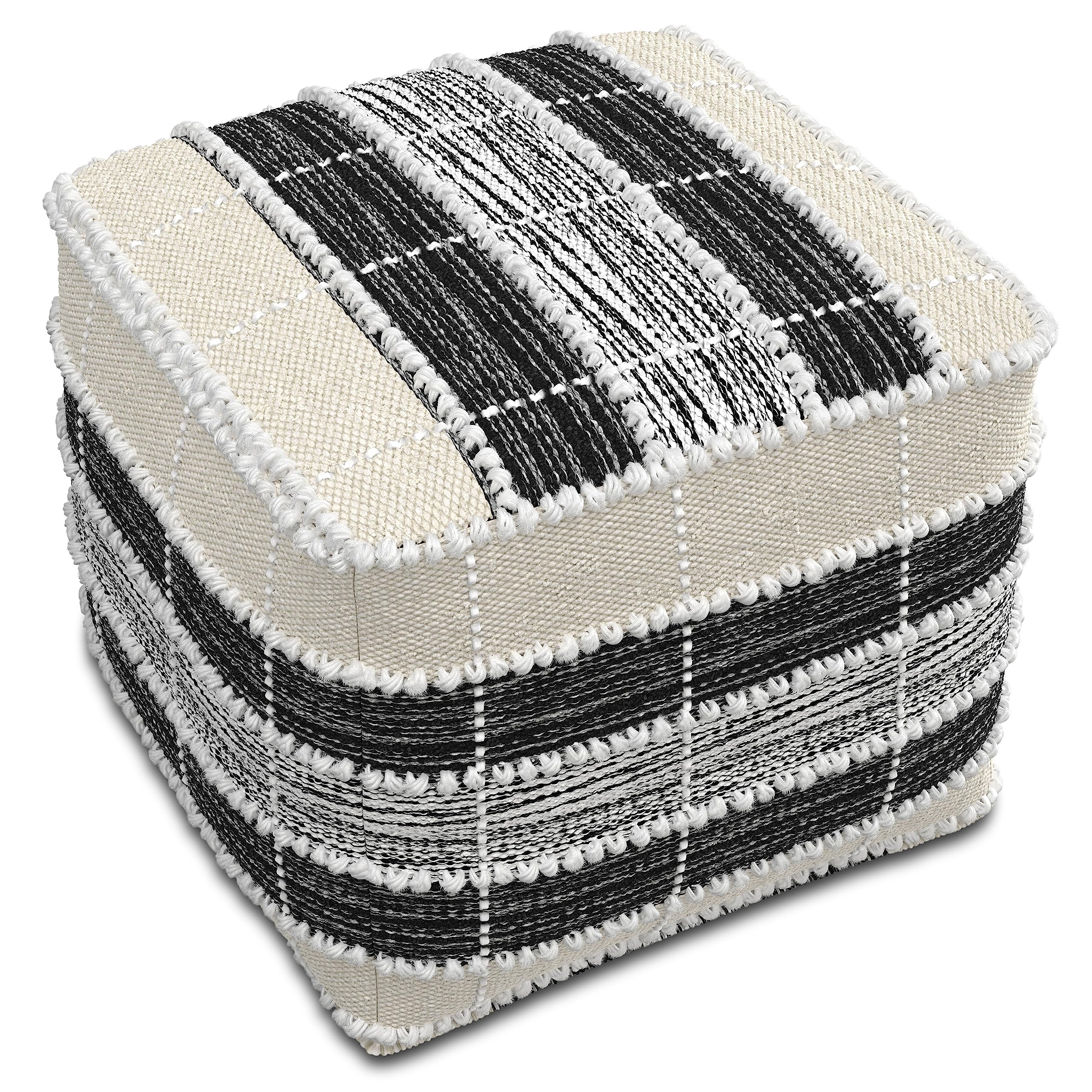 SIMPLIHOME Barley Square Pouf - 18 inch Wide Handcrafted Woven Polyester Pouf in White, Beige and Black, Boho Footstool or Extra Seating for Living Room or Patio with Polystyrene Filling, Assembled