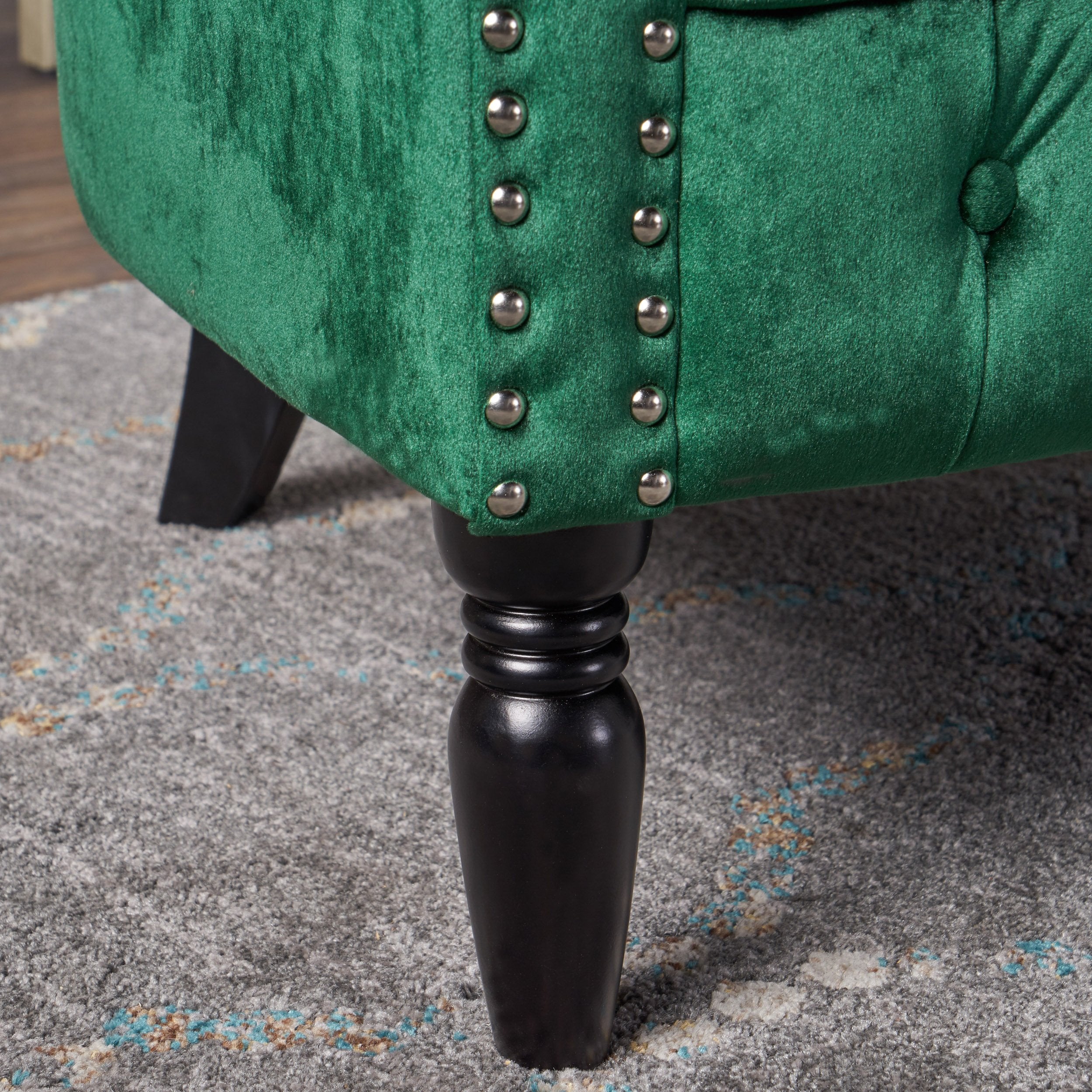 GDFStudio Melaina Tufted Chesterfield Velvet Loveseat with Scrolled Arms, Emerald and Dark Brown.