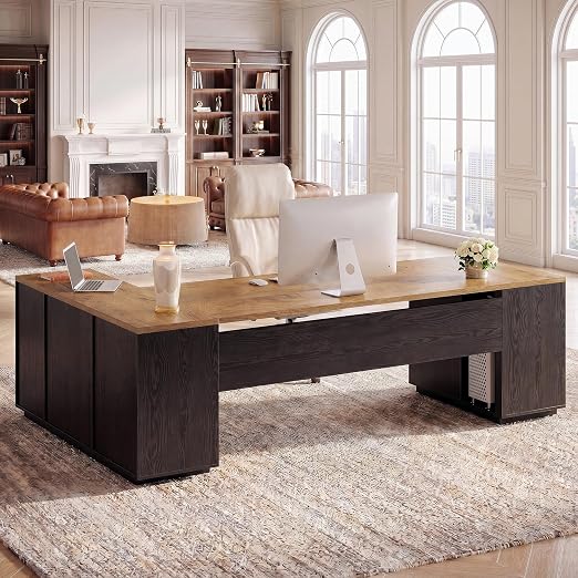 L-Shaped Executive Desk with File Drawers & Storage Cabinet