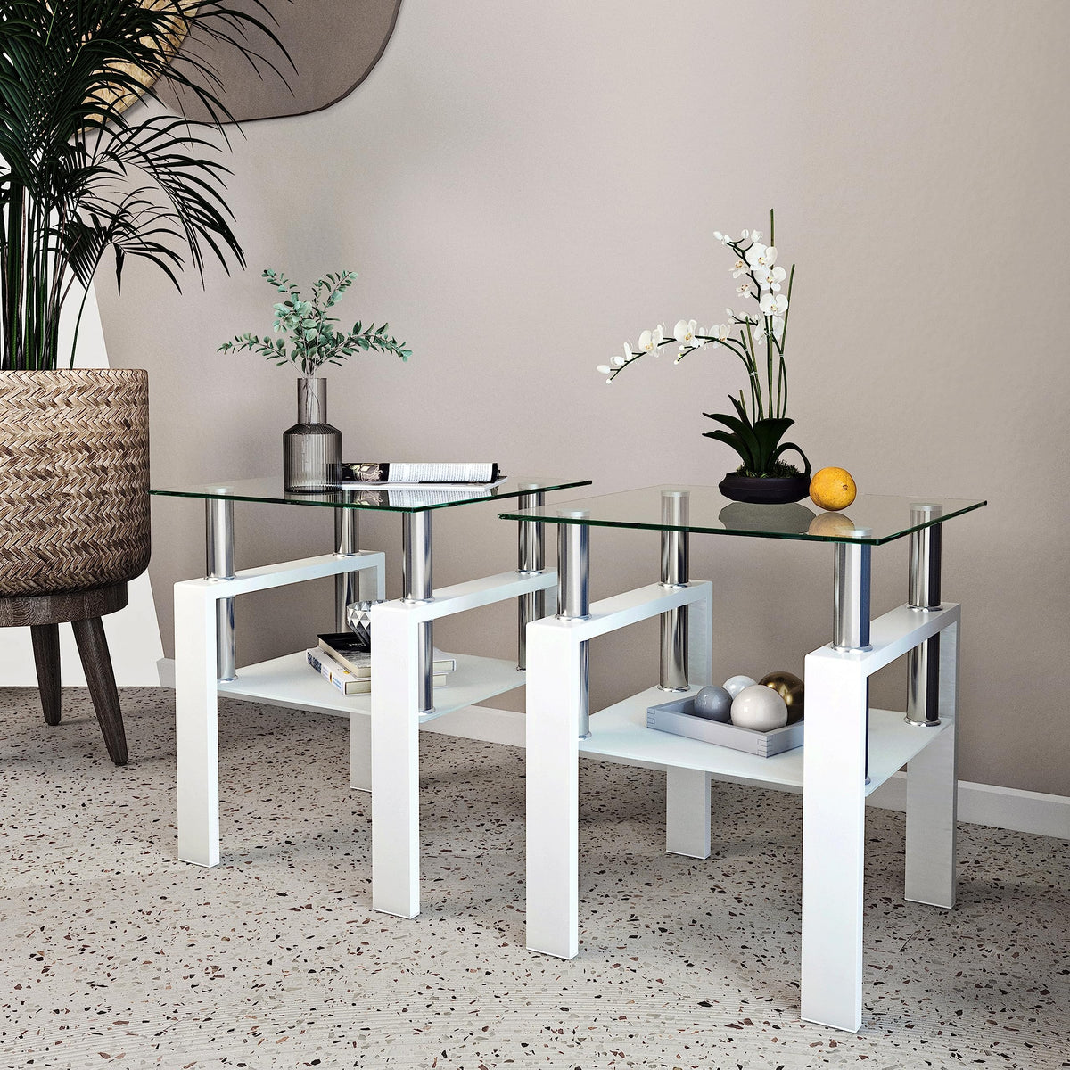 TIOPLY Living Room Tables Set,3 Piece Glass Coffee Table and End Tables Set for Living Room, Coffee Table Set with Tempered Glass Tabletop and Metal Frame for Apartment, Small Space, White