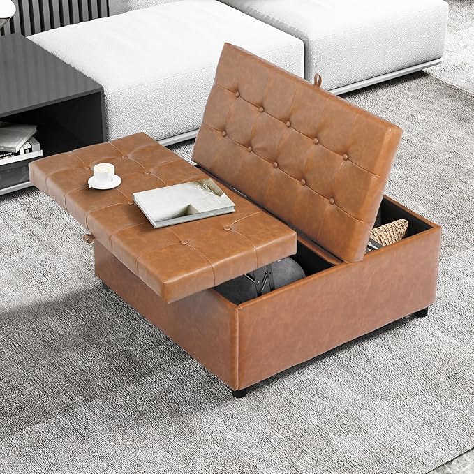 Large Square Lift-Top Storage Ottoman with Faux Leather