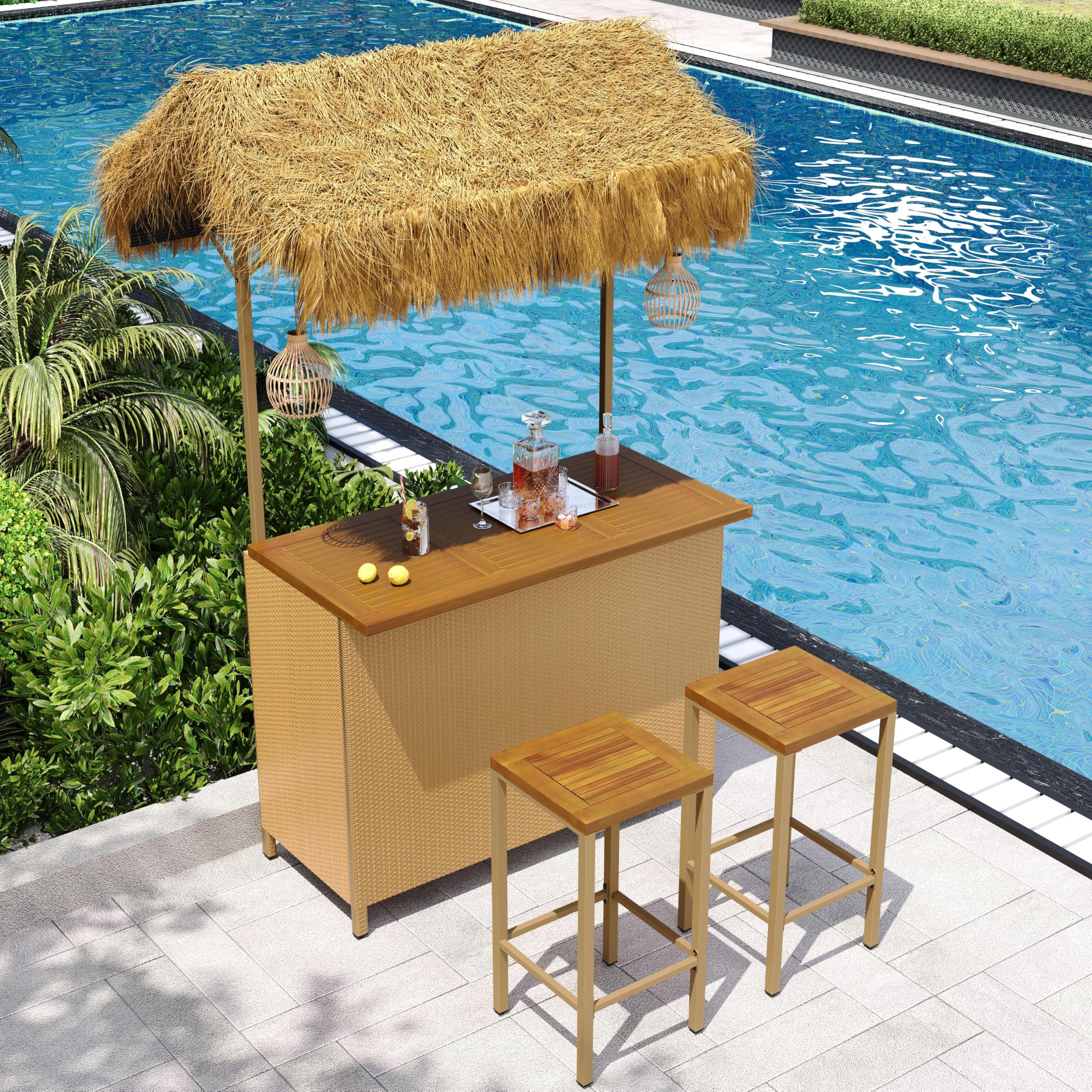 LUMISOL Outdoor Bar Table and Stools, Hawaiian Style Bar Height Patio Set with PE Grass Canopy, Acacia Wood Top and Adjustable Feet, 3 Piece Wicker Island Bar and 2 Stools, Natural
