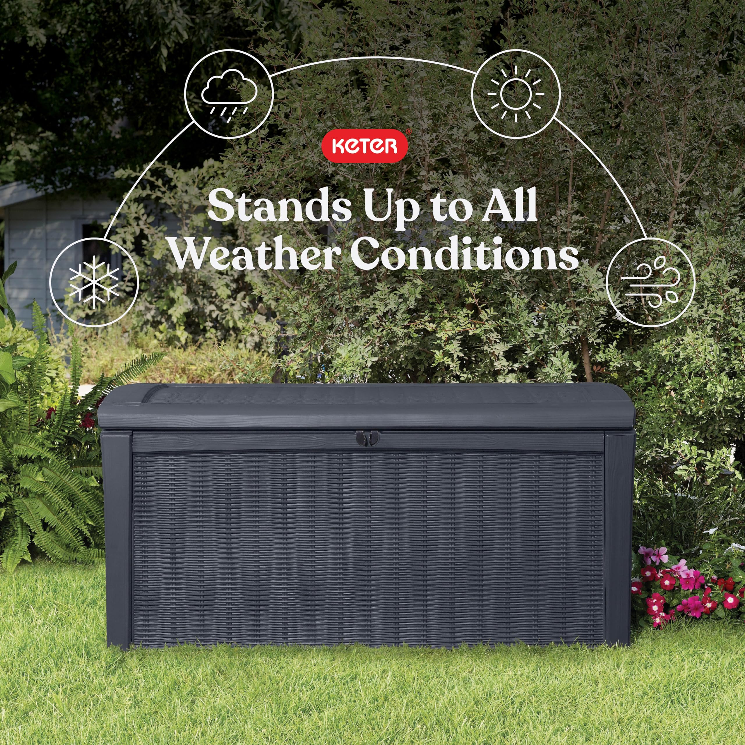 Keter Outdoor Storage Deck Box for Patio, Backyard & Garden, Borneo, 110 Gal, Grey - Lockable, Organizing, and Waterproof Plastic Container Bench