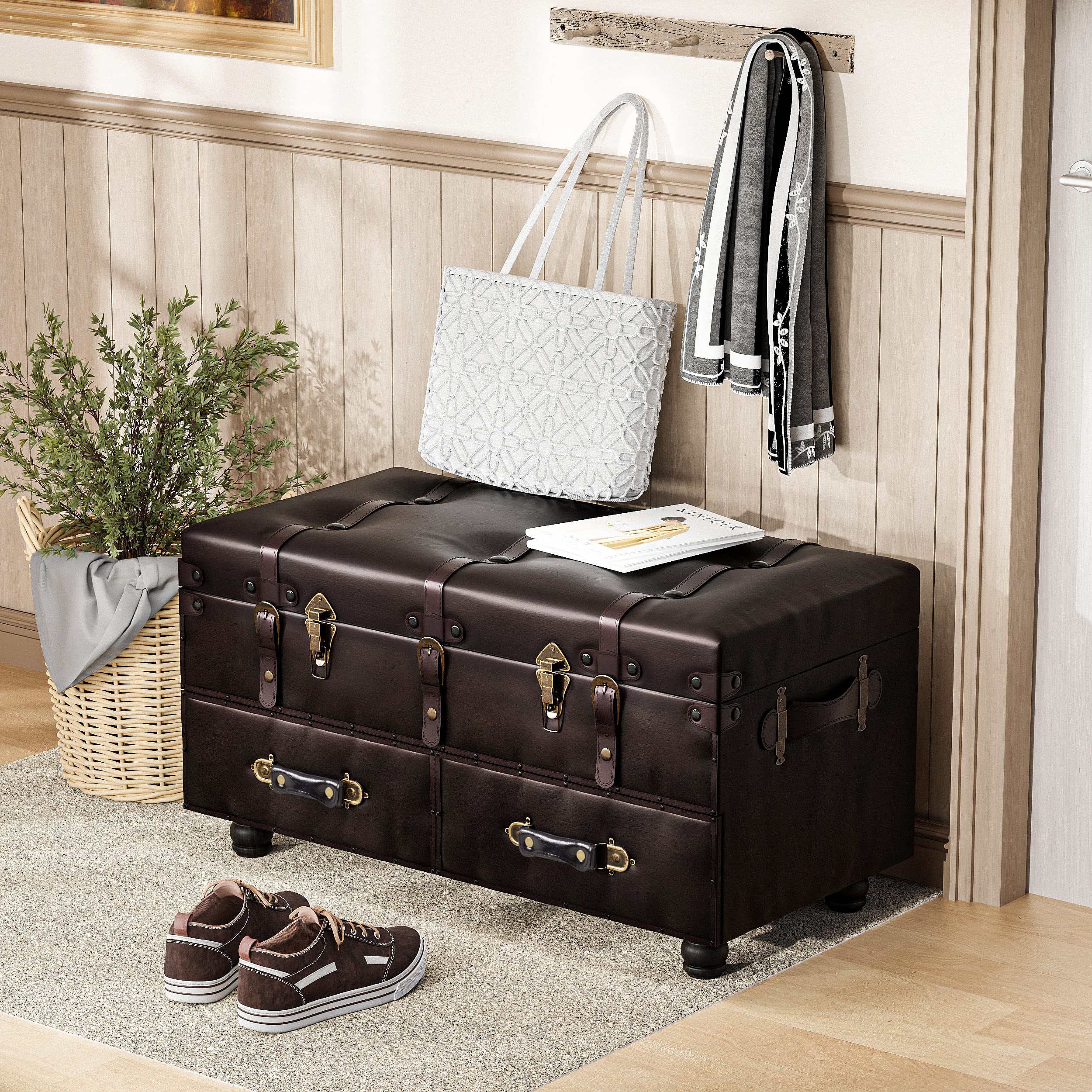 Vintage Faux Leather Storage Ottoman Bench