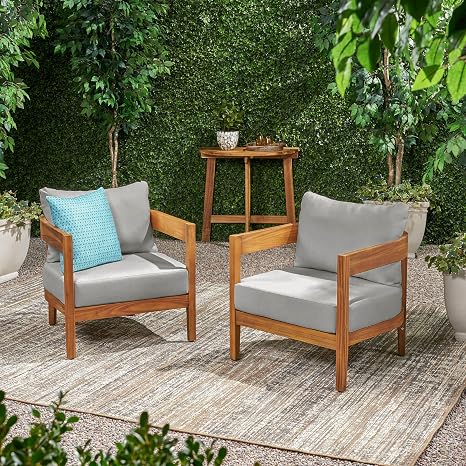 Outdoor Acacia Wood Tub Club Chairs with Cushions (Set of 2)
