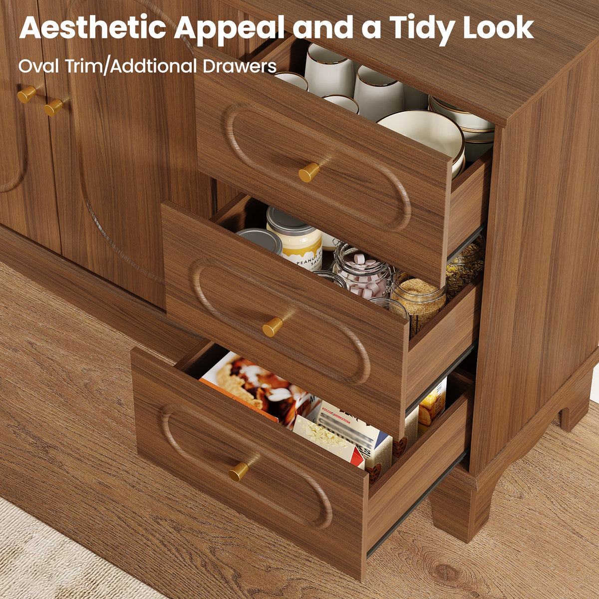 Sideboard Buffet Cabinet with Storage Drawers, Coffee Bar Cabinet, Walnut
