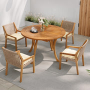 Christopher Knight Home Verle Wooden Patio Dining Set for 4, Acacia Wood Outdoor Dining Table Set for 4, 5 Piece Outdoor Dining Set with Round Table and Armchair with Seat Cushion, Teak+Beige