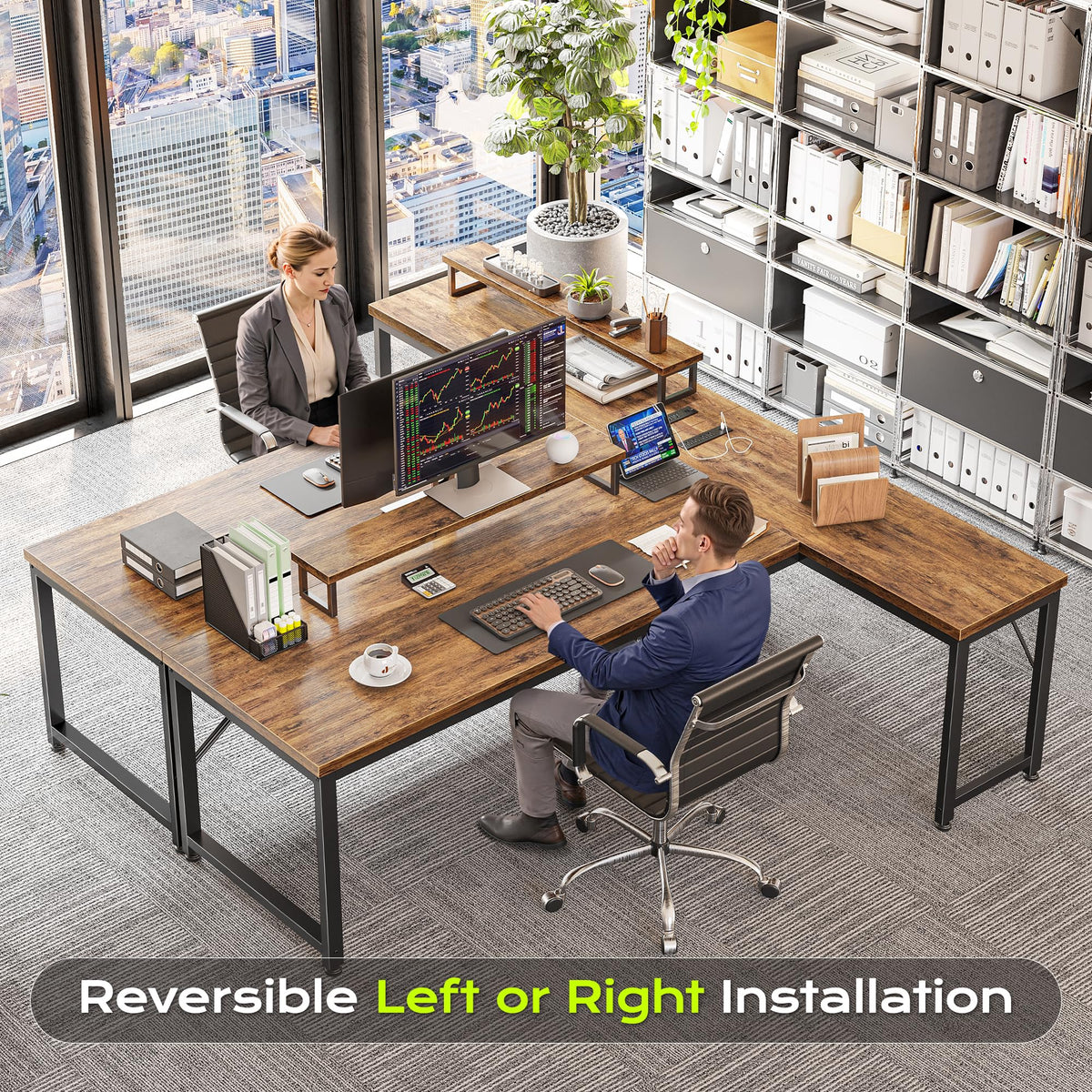 Reversible L-Shaped Desk with Charging Station
