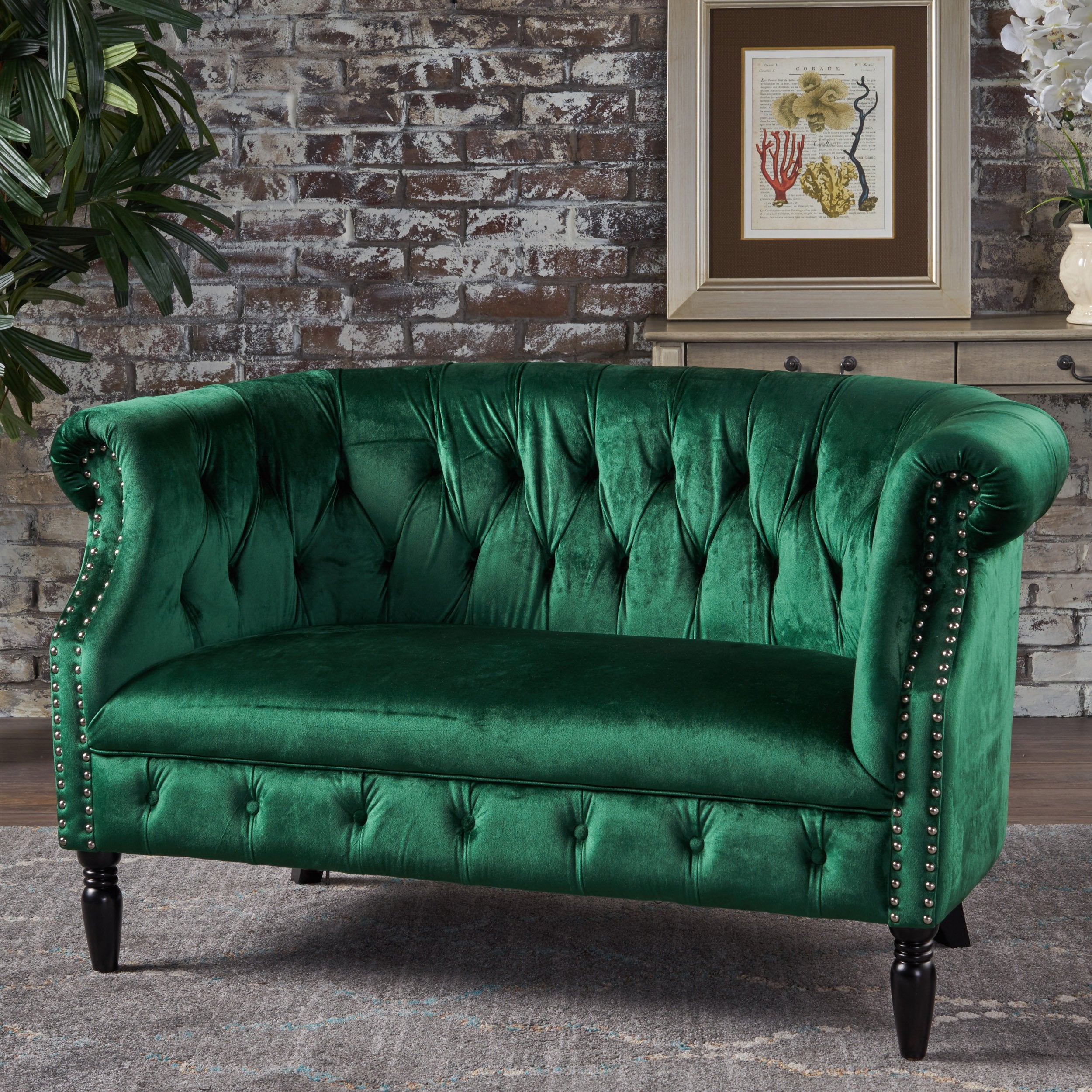 GDFStudio Melaina Tufted Chesterfield Velvet Loveseat with Scrolled Arms, Emerald and Dark Brown.