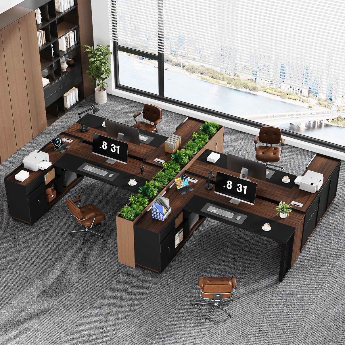 Vividwood 70" Executive Desk with Cabinet Storage, L-Shaped Office Desk with 3 Drawers and Shelves, Large Computer Desk Business Furniture for Home Office (Brown & Black)