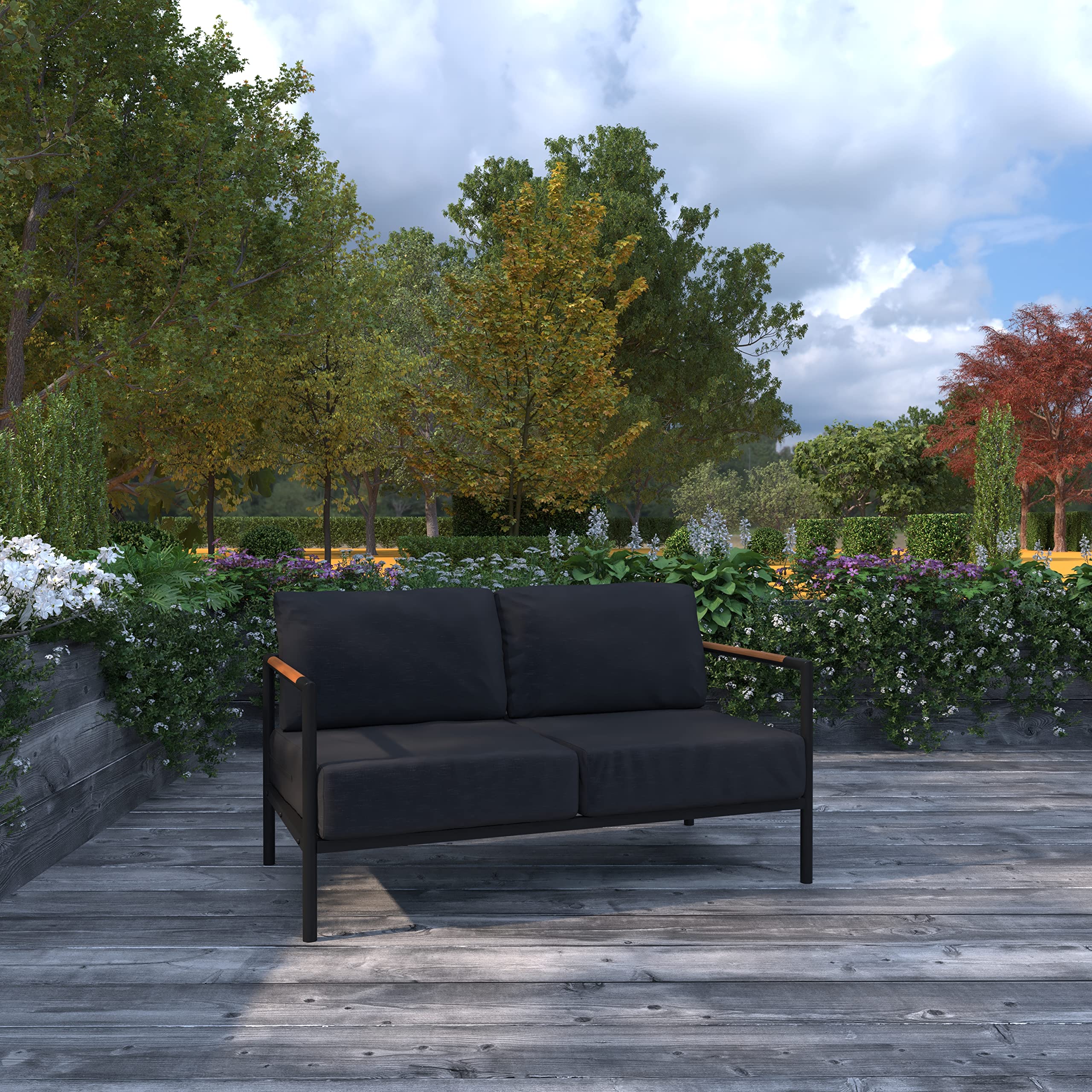 Outdoor Aluminum Loveseat with Teak Accents & All-Weather Cushions