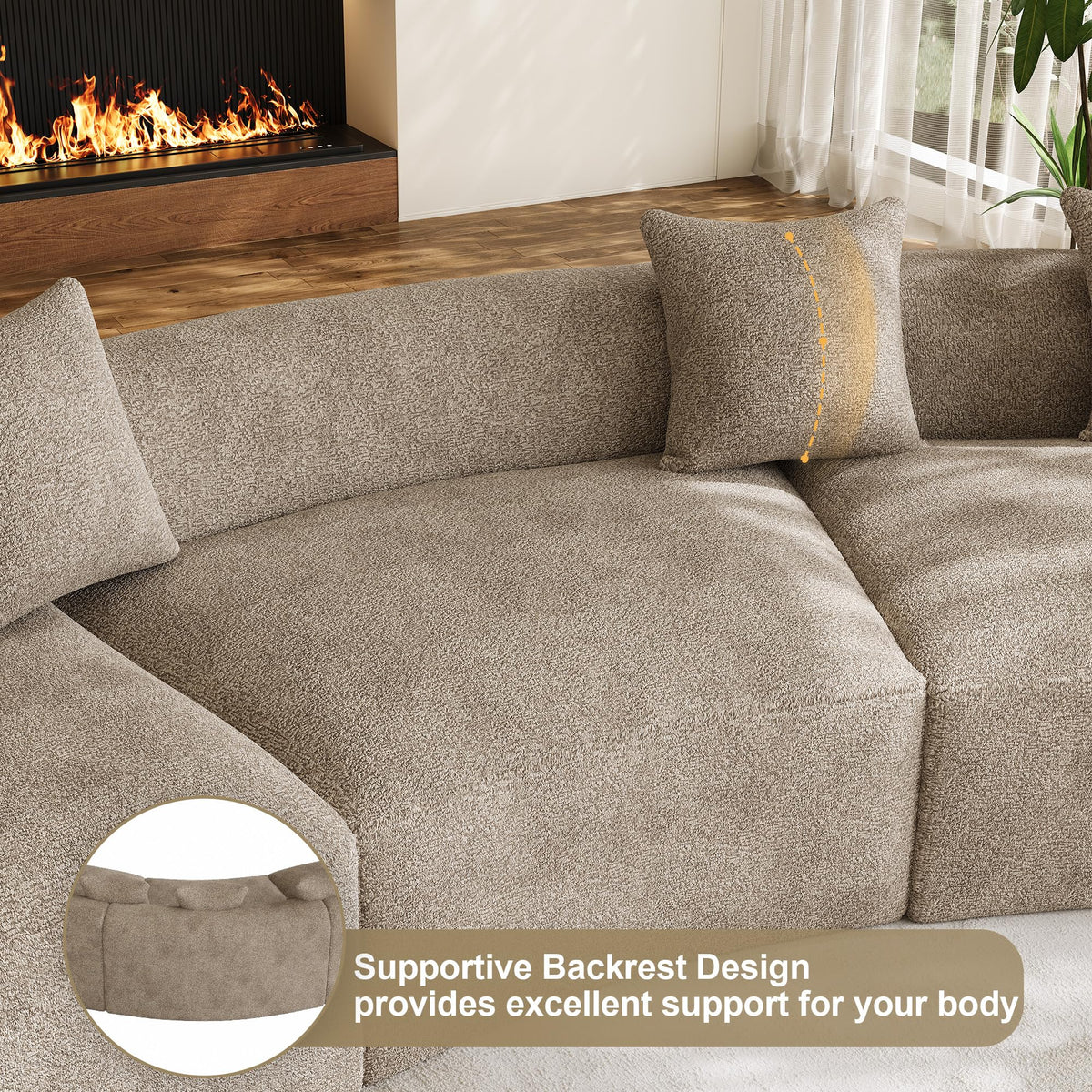 ONEMMLION 134" Modern Curved Sectional Sofas for Living Room, Brown