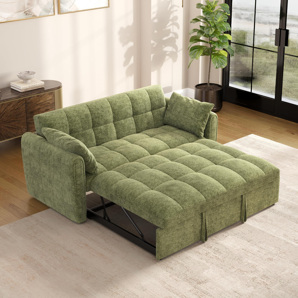 KEIKI 65" Velvet Futon Sofa Bed, 3-in-1 Convertible Sleeper Couch with Adjustable Backrest, 2 Pillows and 500 lb Wood Frame for Home Office, Apartment, Guest Room, Studio and Small Multipurpose Spaces