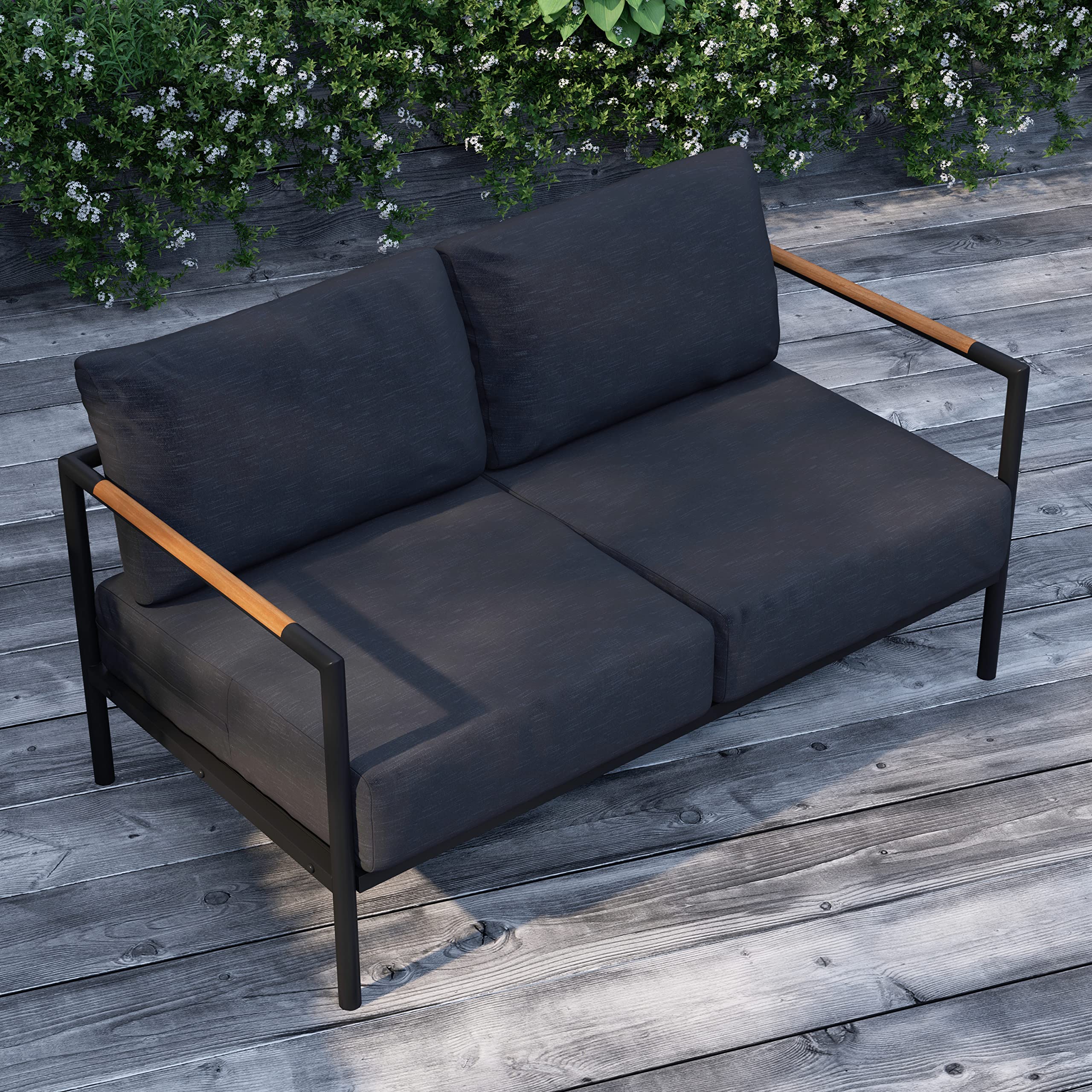 Outdoor Aluminum Loveseat with Teak Accents & All-Weather Cushions