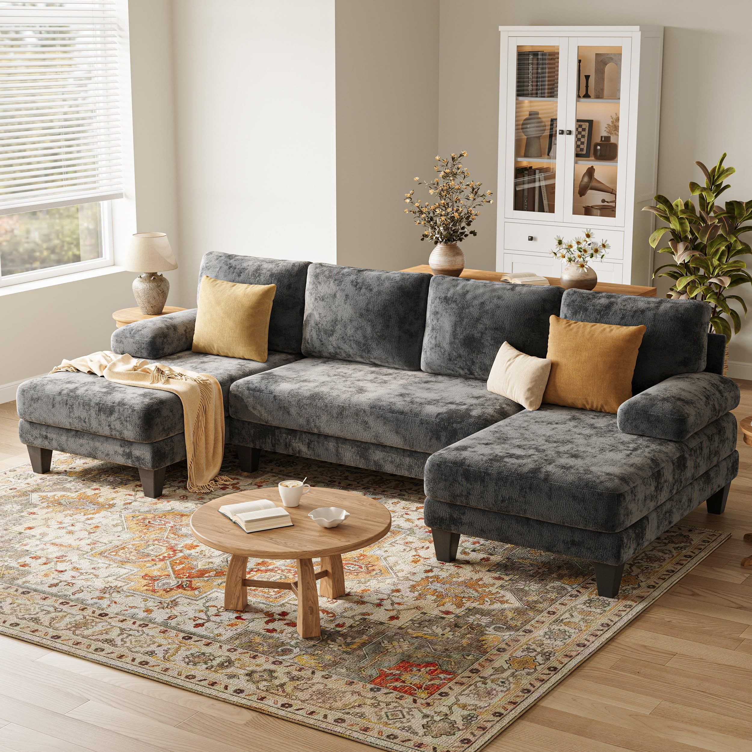TROMIRY U-Shaped Sectional Couches for Living Room | Chenille Sofa with Double Chaise | 112 Inch Dark Grey Sectionals Couch for Apartment