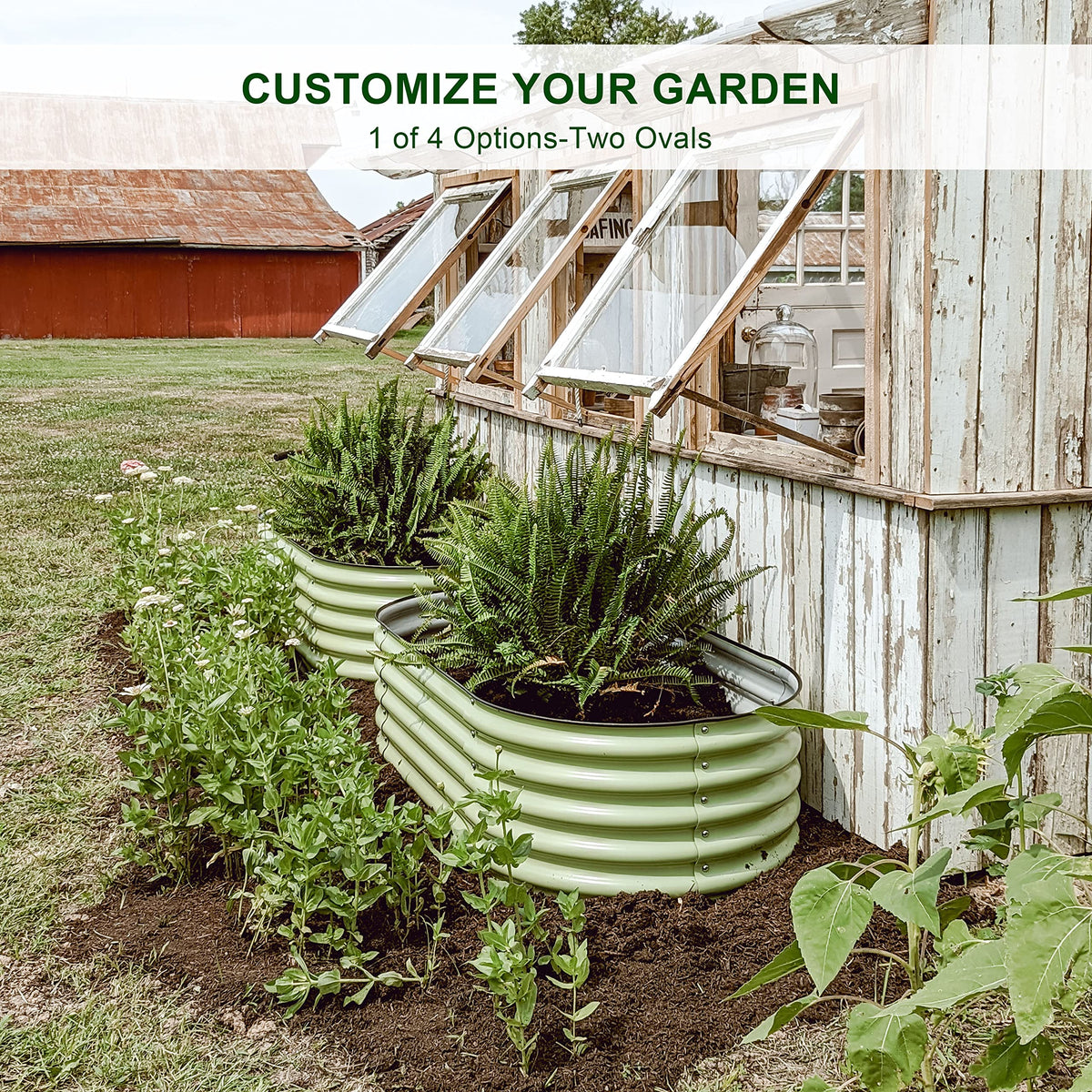 Olle 4-Style Modular Galvanized Raised Garden Beds Outdoor Easy Quick Setup, 17" Tall, 4-in-1 Metal Planter Boxes Outdoor for Flowers Vegetables Fruits Herbs DIY Gardening, Sage Green