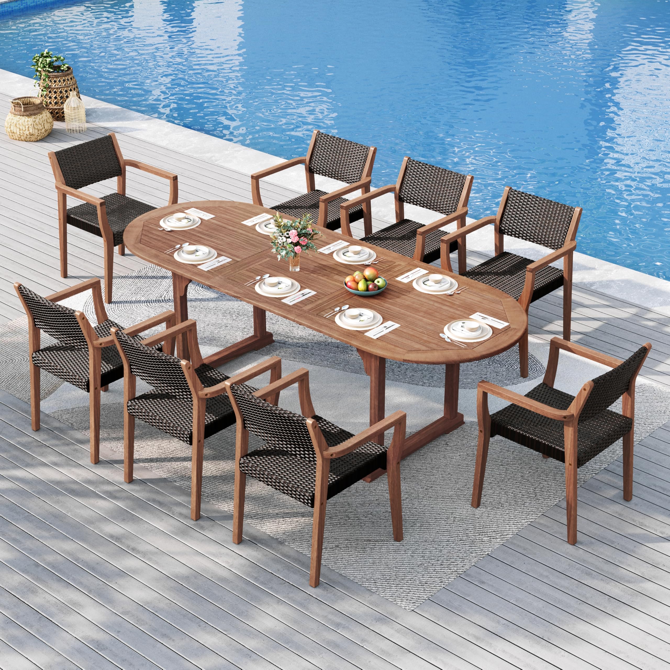 Expandable Acacia Wood Patio Dining Set with Rattan Chairs