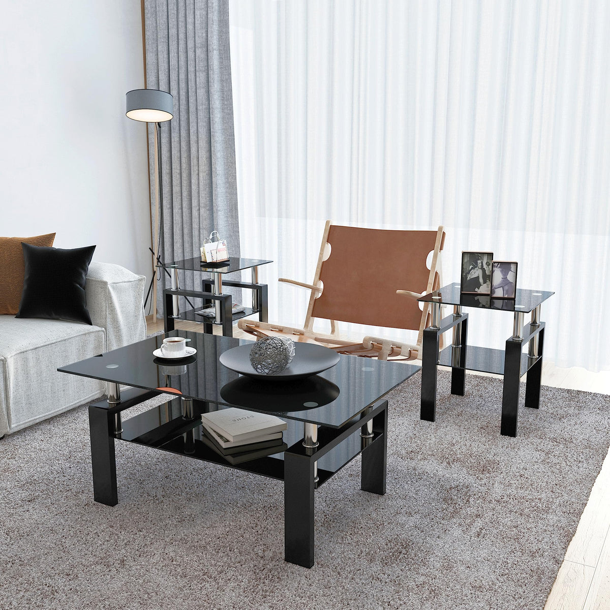 3 Piece Living Room Table Set, Glass Coffee Table and End Table Set of 3, Coffee Table Set with Tempered Glass & Metal Legs for Livingroom Table, Bedroom Nightstand. (Style 1, Black Glass+Black Leg)