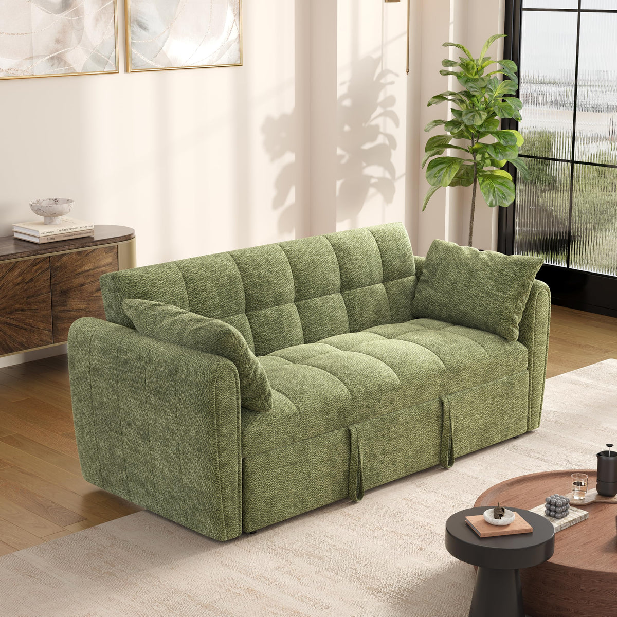 KEIKI 65" Velvet Futon Sofa Bed, 3-in-1 Convertible Sleeper Couch with Adjustable Backrest, 2 Pillows and 500 lb Wood Frame for Home Office, Apartment, Guest Room, Studio and Small Multipurpose Spaces