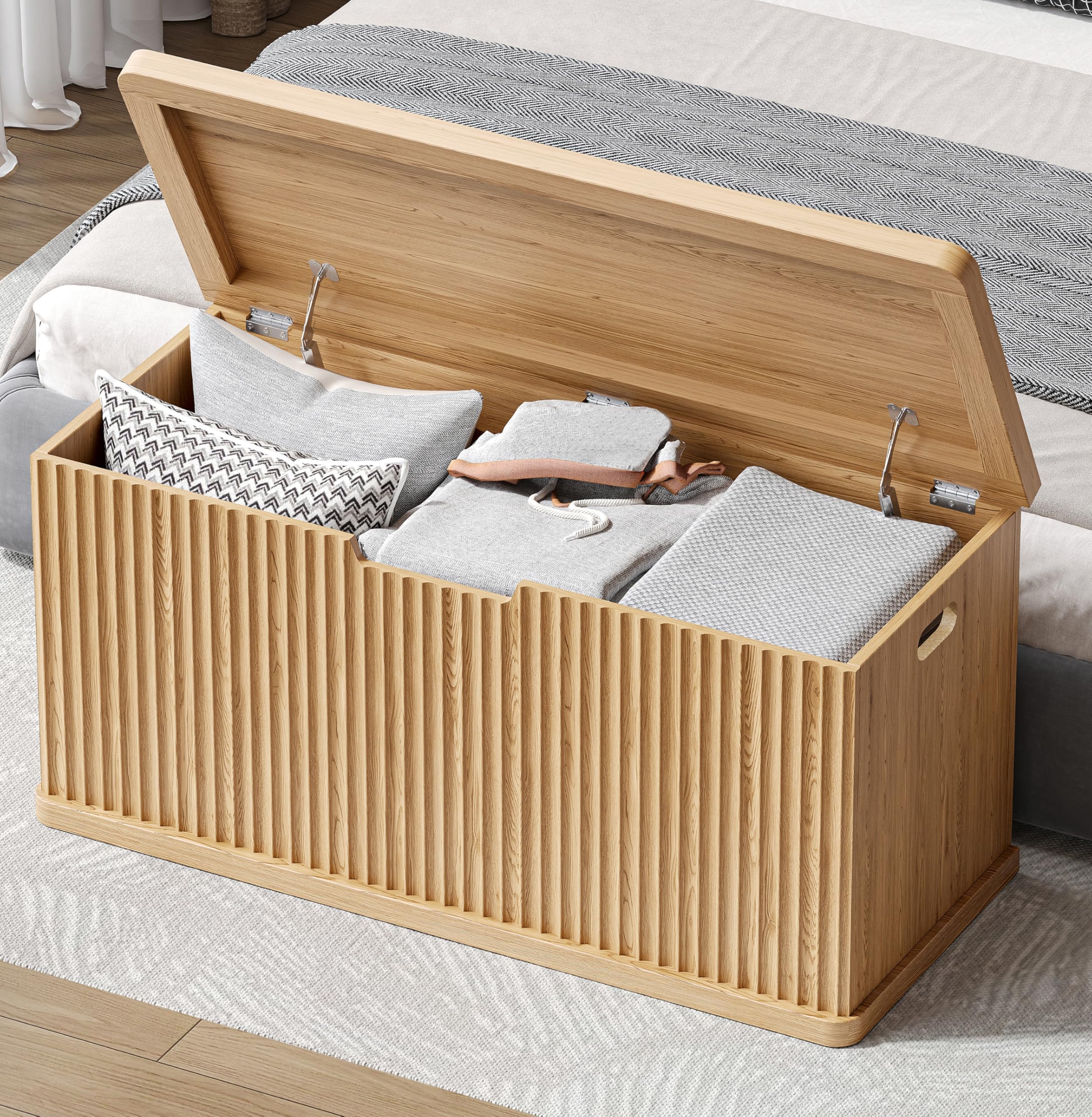 Akxomel Fluted Storage Chest with 2 Safety Hinges, 37.4" Wooden Storage Trunk, Natural Entryway Bench, for Living Room, Bedroom, Curved Profile, Easy Assembly, Natural Oak