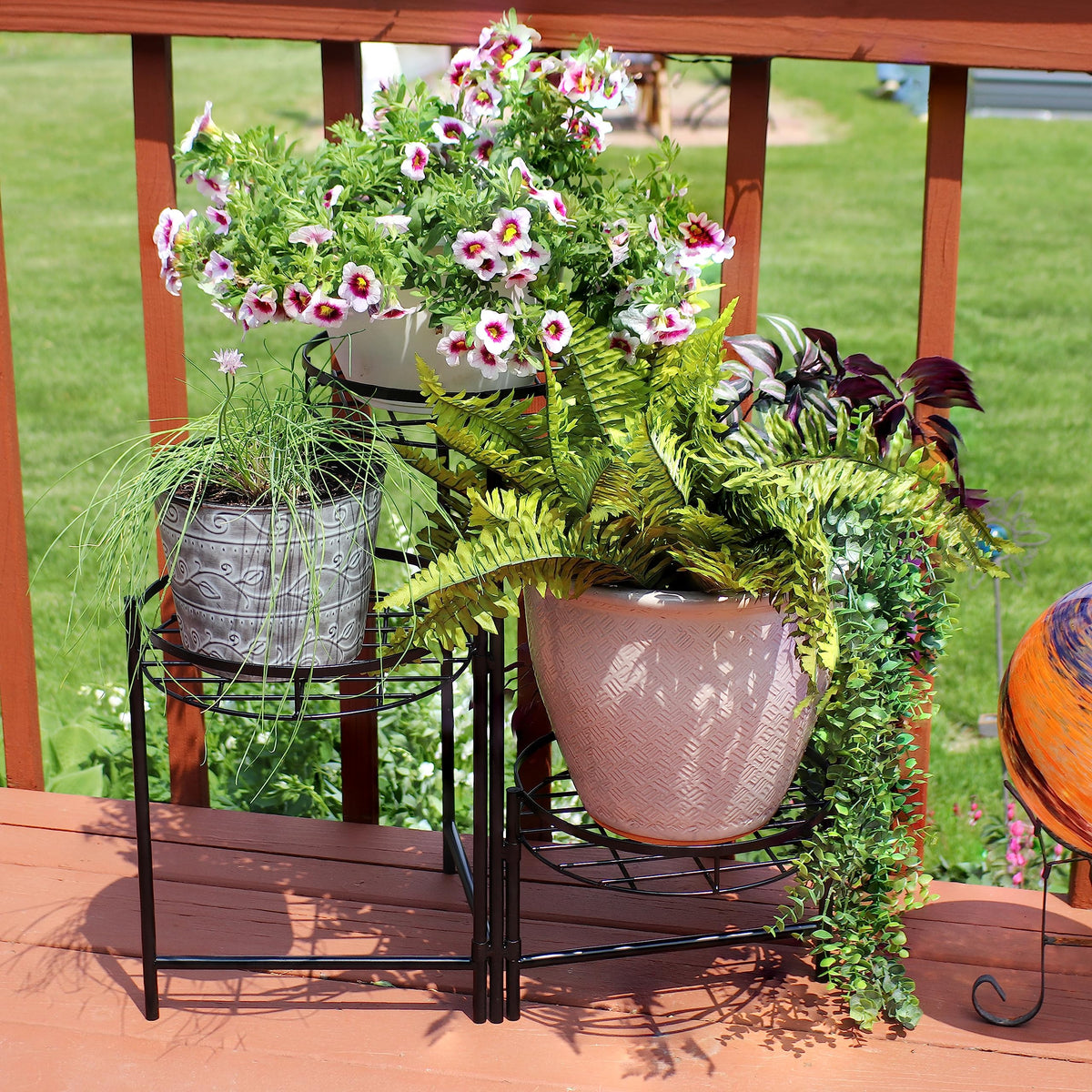 Sunnydaze Folding Metal 3-Tiered Plant Stand for Flowers, Set of 2, Black