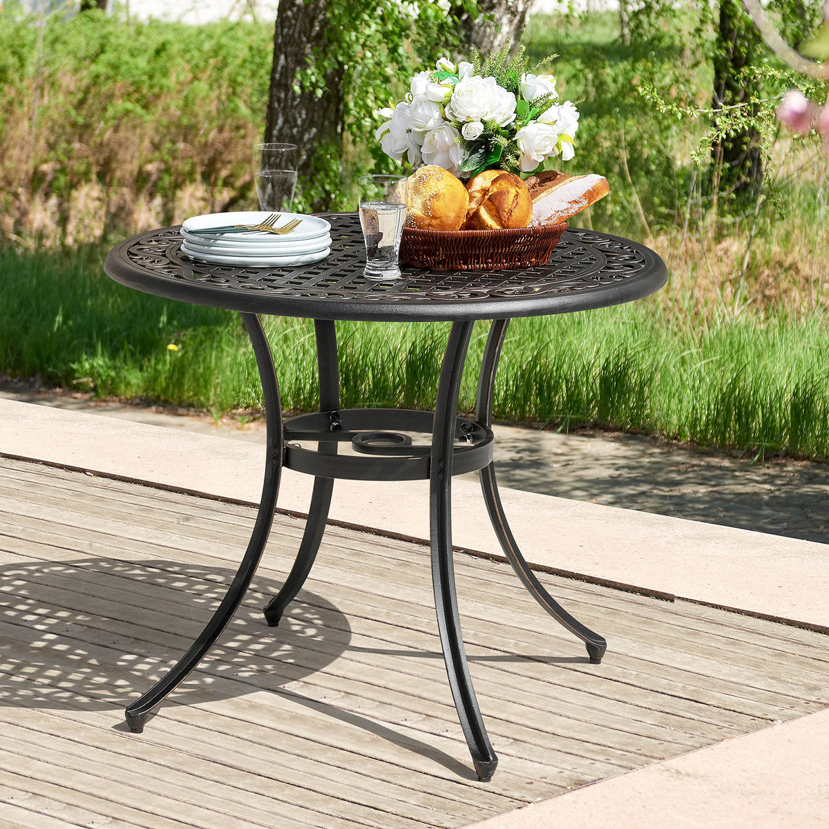 NUU GARDEN 35 Inch Patio Dining Table with Umbrella Hole, Outdoor Cast Aluminum Bistro Table, Black with Antique Bronze at The Edge