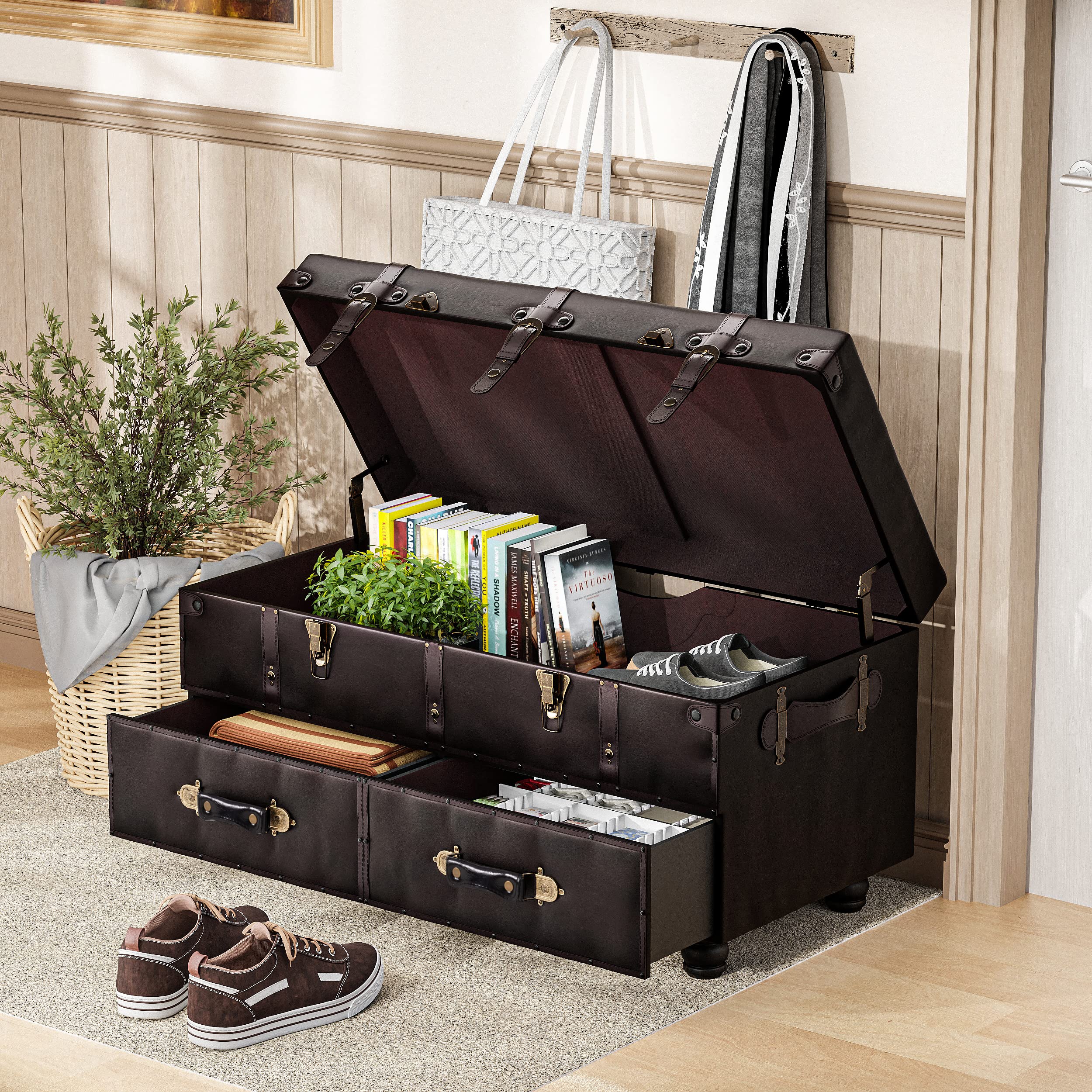 Vintage Faux Leather Storage Ottoman Bench