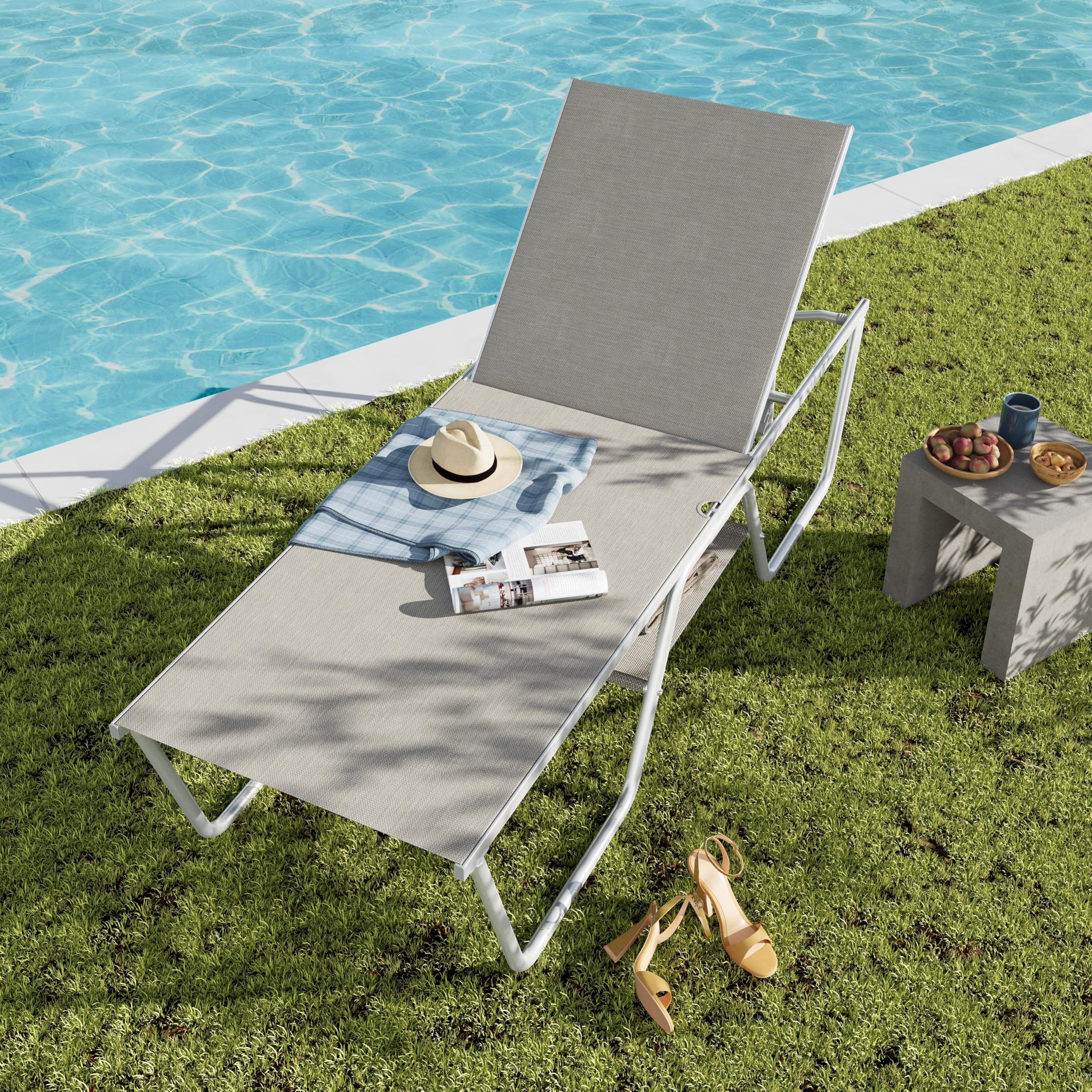 PHI VILLA 78" Oversized Outdoor Chaise Lounge Chair, 27" Extra Wide Foldable, 5-Position Adjustable, UV50+ Textilene Mesh, Rust-Proof Frame, Khaki Beige