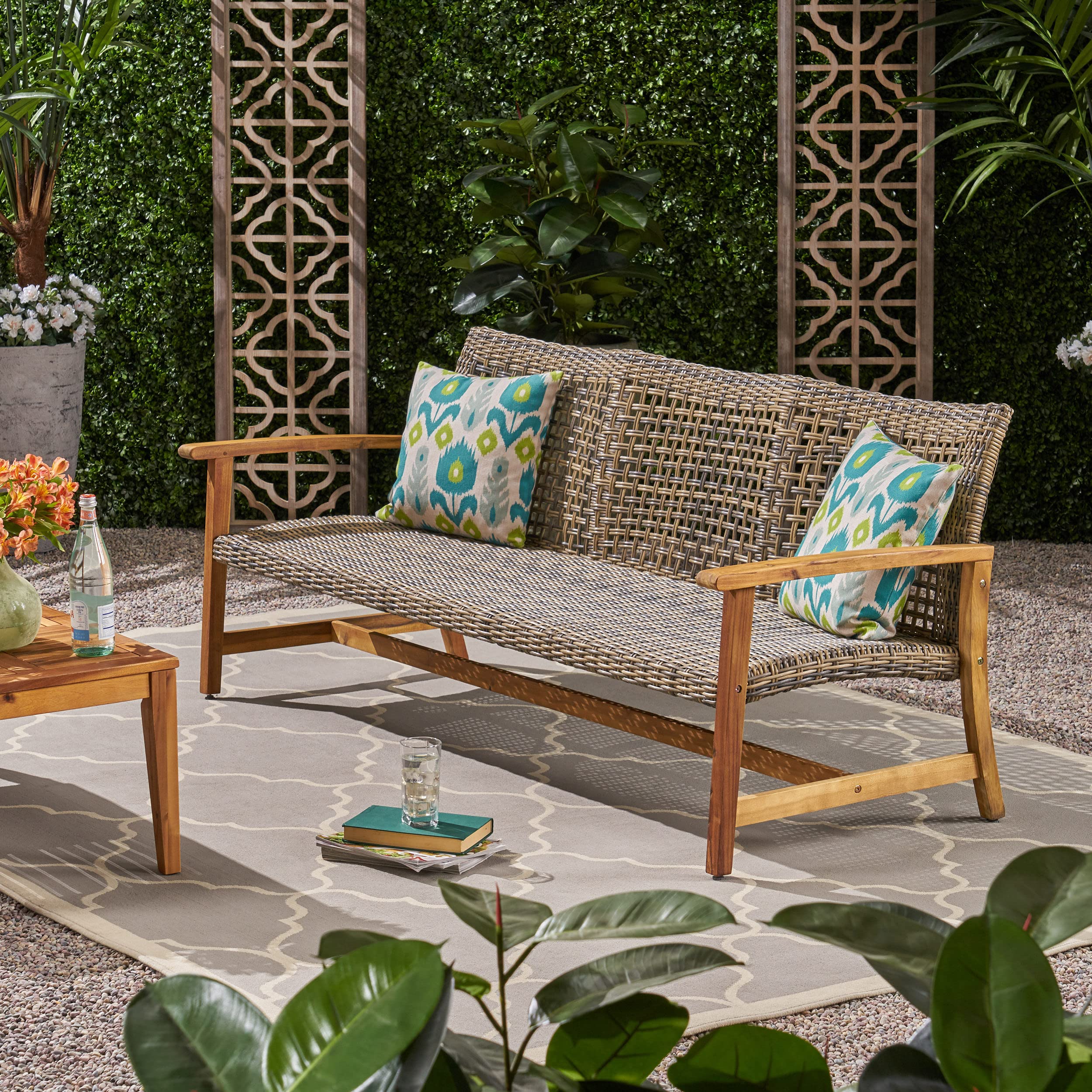 Outdoor Wicker Sofa with Acacia Wood Frame, 3-Seat