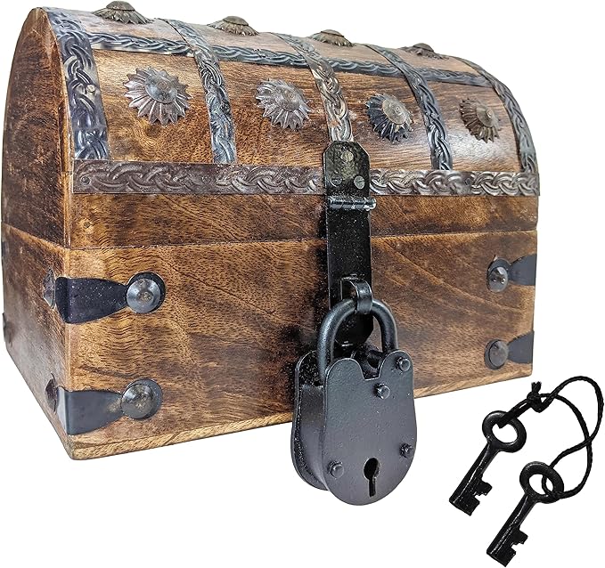 Wooden Pirate Treasure Chest with Lock and Keys