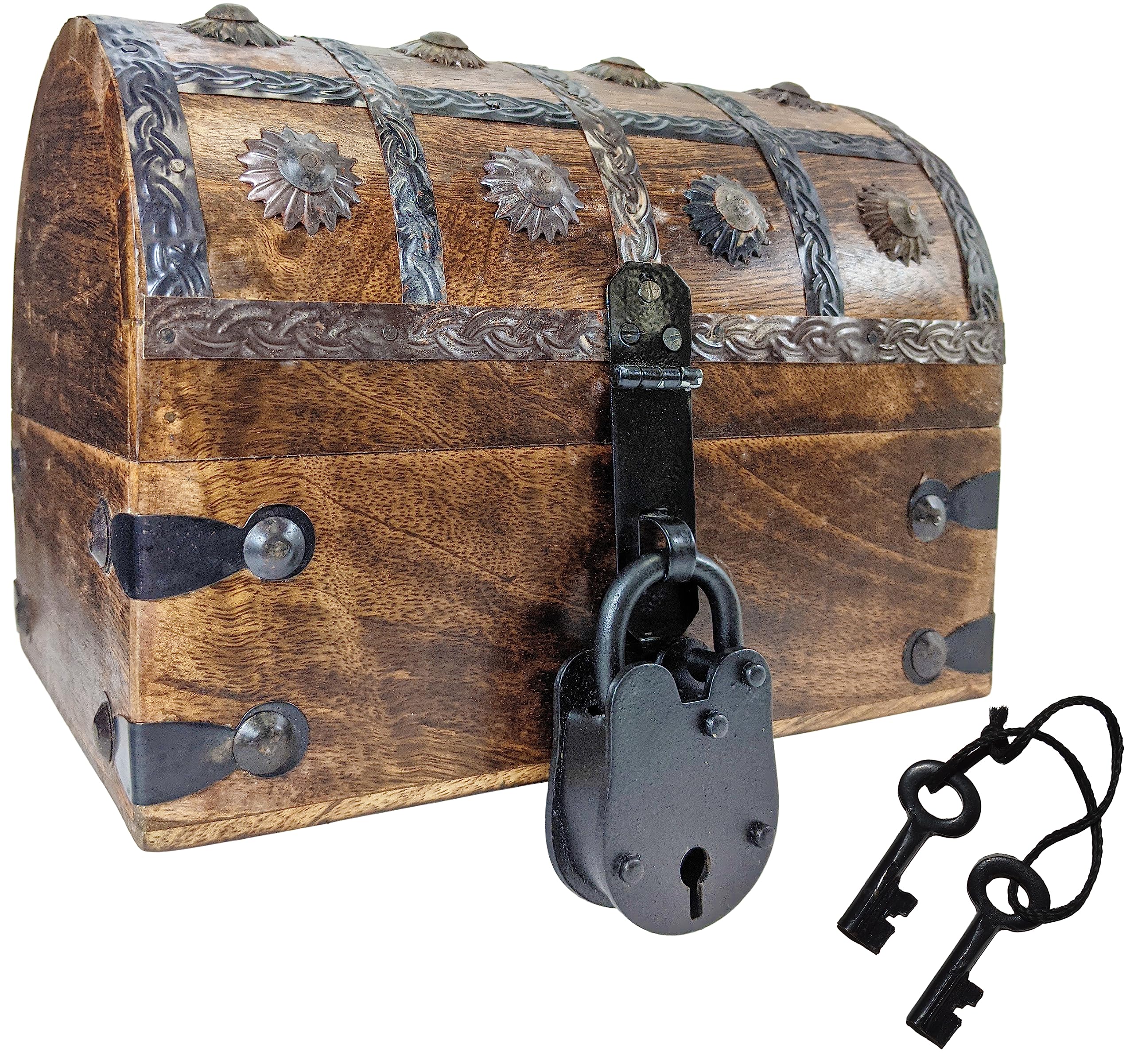 Pirate's Treasure Chest (8" x 6" x 6") Wooden Nautical Jewelry Box with Functional Lock and 2 Keys, Wood with Iron Accents, Hinged Lid by SciencePurchase