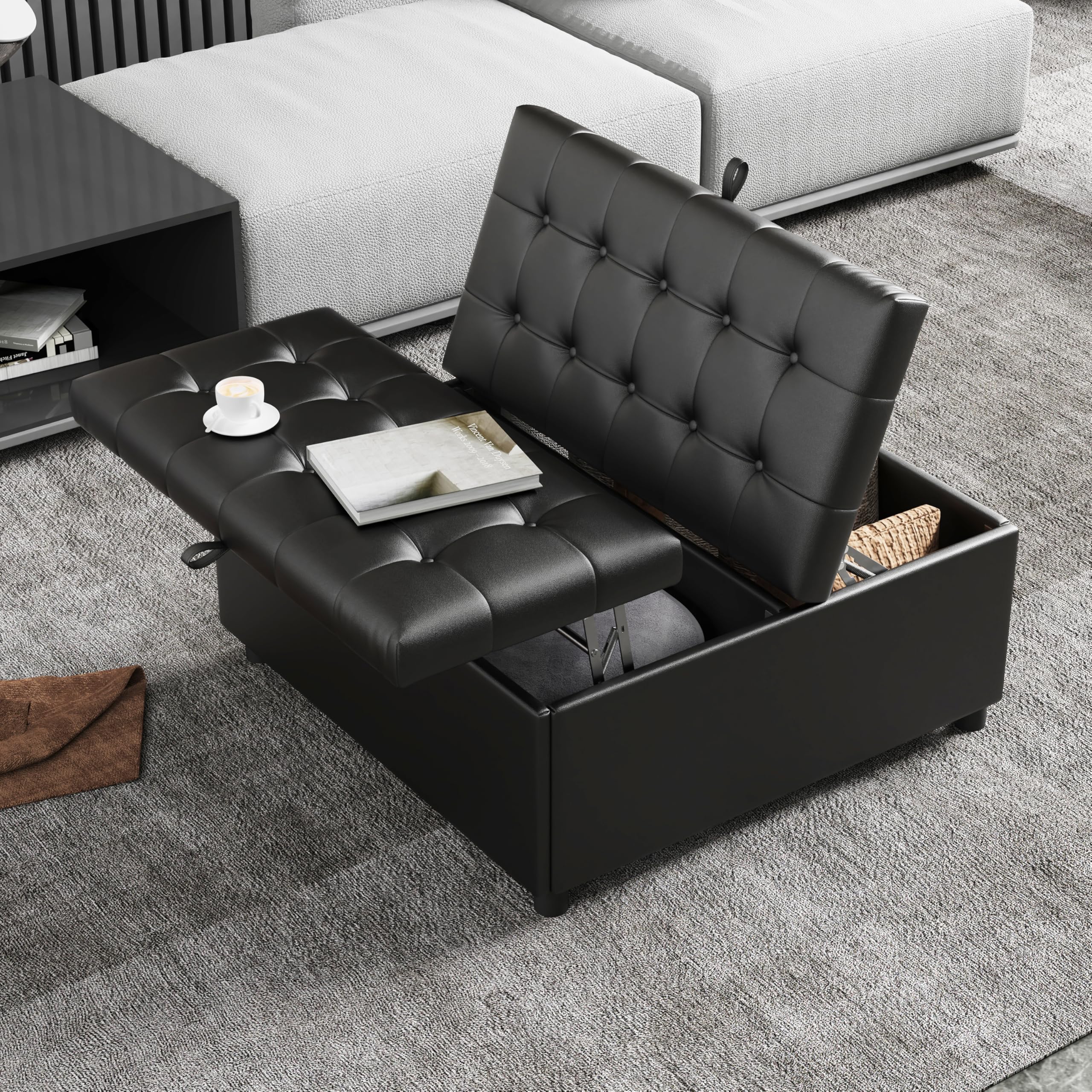 Large Square Lift-Top Storage Ottoman with Faux Leather