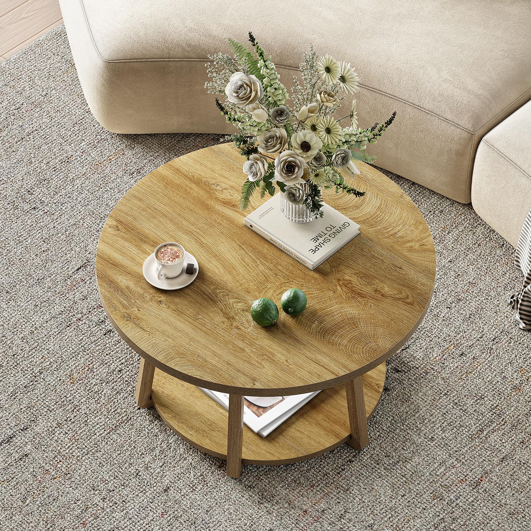 LITTLE TREE Round Coffee Table, 2-Tier Center Table with Storage, Wooden Legs, 31.5 Dia. x 19.6 H Inches, Easy Assembly, Circle Coffee Tables for Living Room, Bedroom