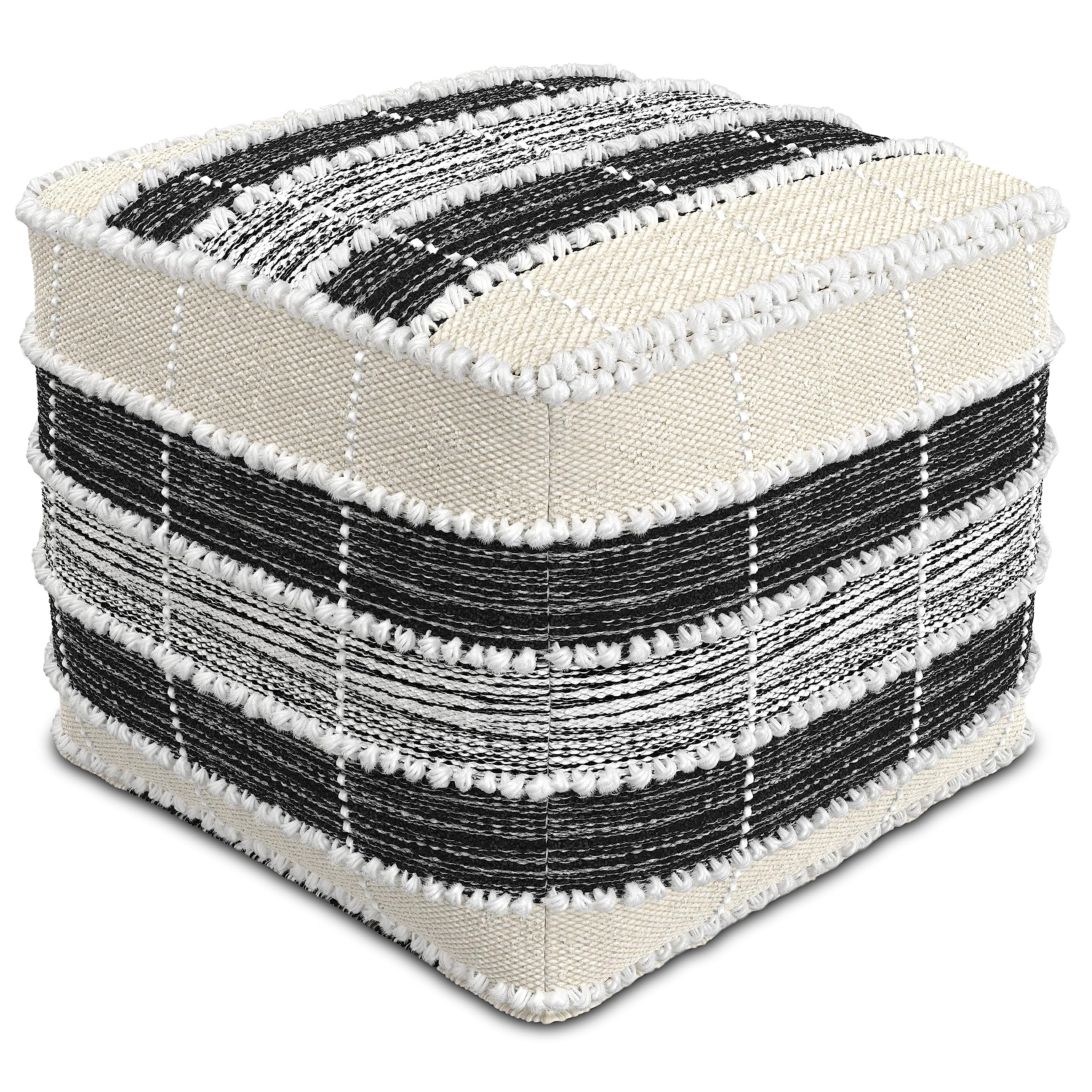 SIMPLIHOME Barley Square Pouf - 18 inch Wide Handcrafted Woven Polyester Pouf in White, Beige and Black, Boho Footstool or Extra Seating for Living Room or Patio with Polystyrene Filling, Assembled