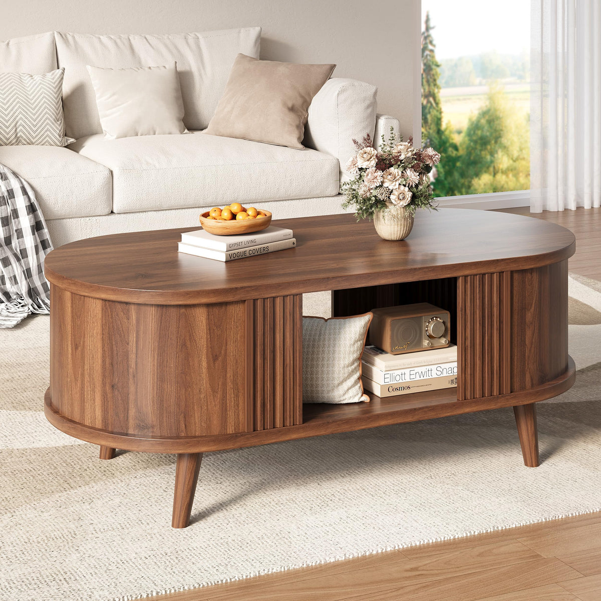 Walnut Oval Fluted Coffee Table