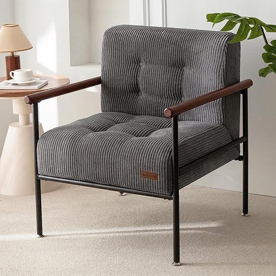 Upholstered Accent Chair with Metal Frame & Wood Armrests
