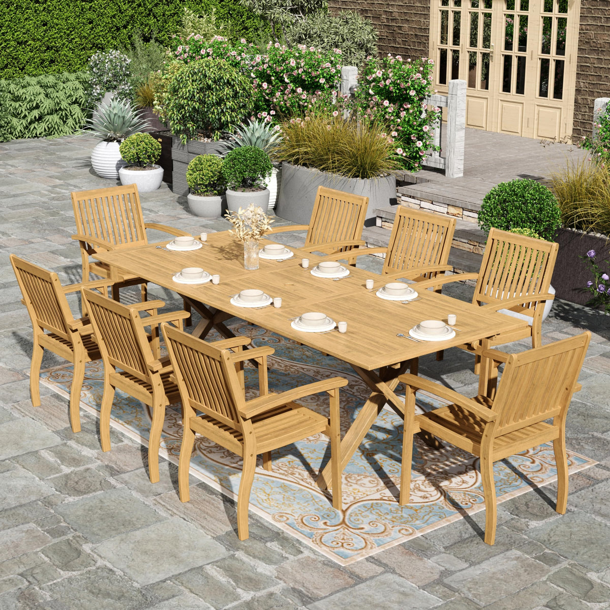 HERA'S HOUSE 9pc Patio Dining Set, Expandable Acacia Wood Table + 8 Chairs