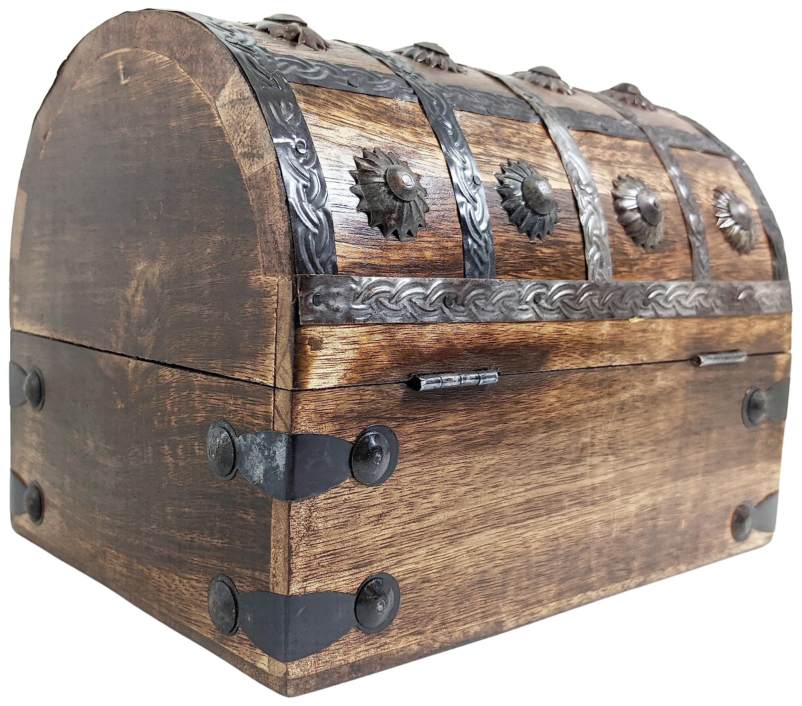 Pirate's Treasure Chest (8" x 6" x 6") Wooden Nautical Jewelry Box with Functional Lock and 2 Keys, Wood with Iron Accents, Hinged Lid by SciencePurchase