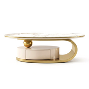Oval Coffee Table with Faux Stone Top & Gold Steel Base