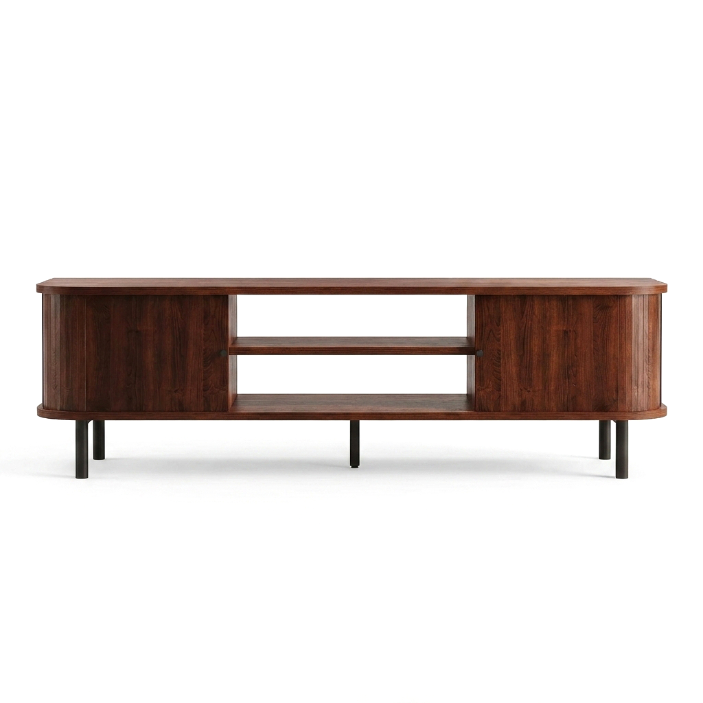 Mid-Century TV Stand with Sliding Doors & Hidden Storage